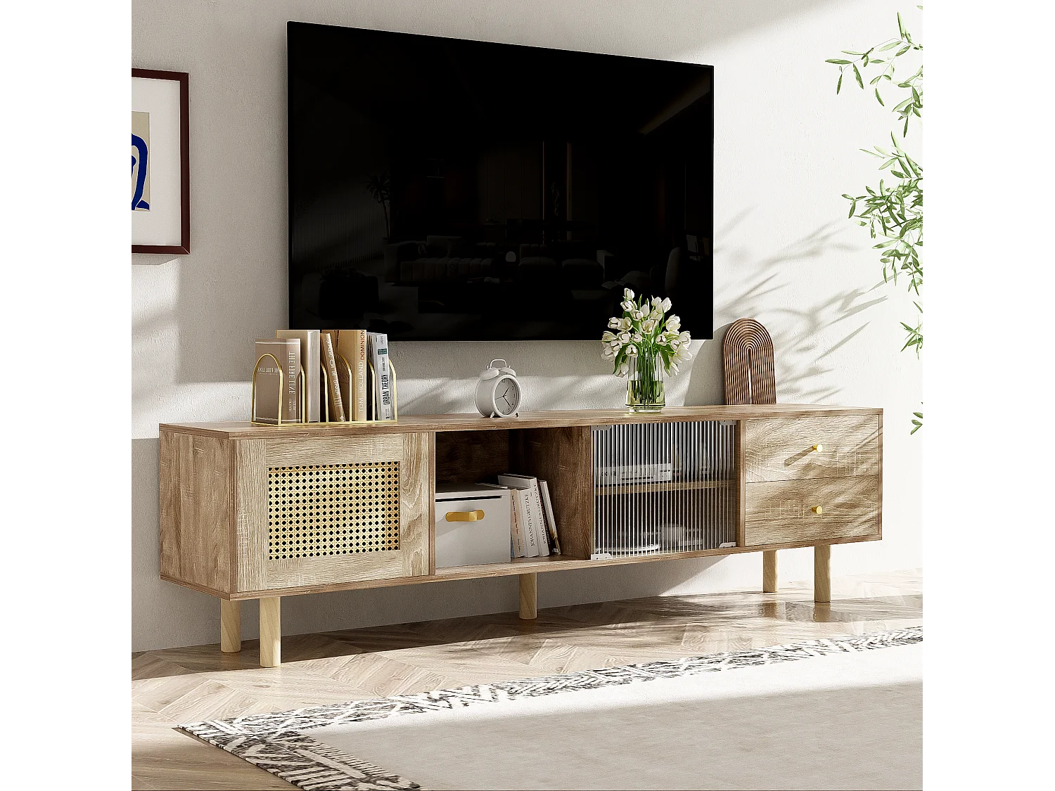 TV-meubel met 2 lades, 1 deur en opbergplanken - 172 x 35 x 48 cm - Spaanplaat - Rotan patroon - Naturel