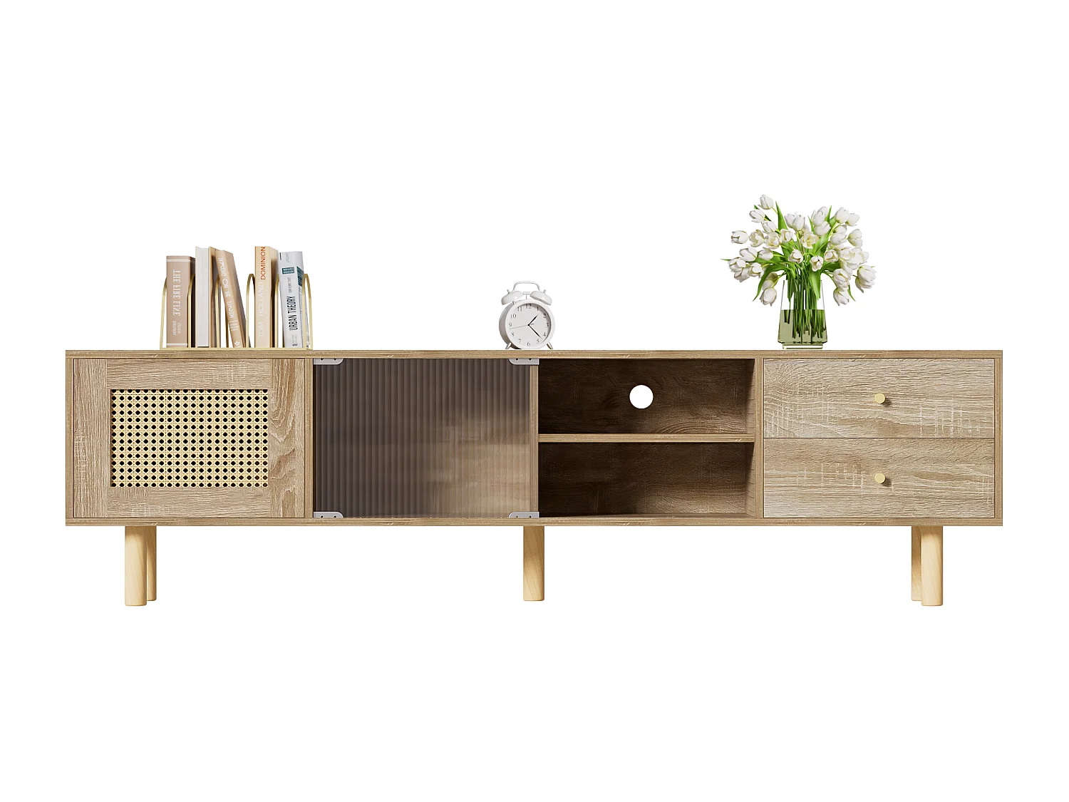 TV-meubel met 2 lades, 1 deur en opbergplanken - 172 x 35 x 48 cm - Spaanplaat - Rotan patroon - Naturel