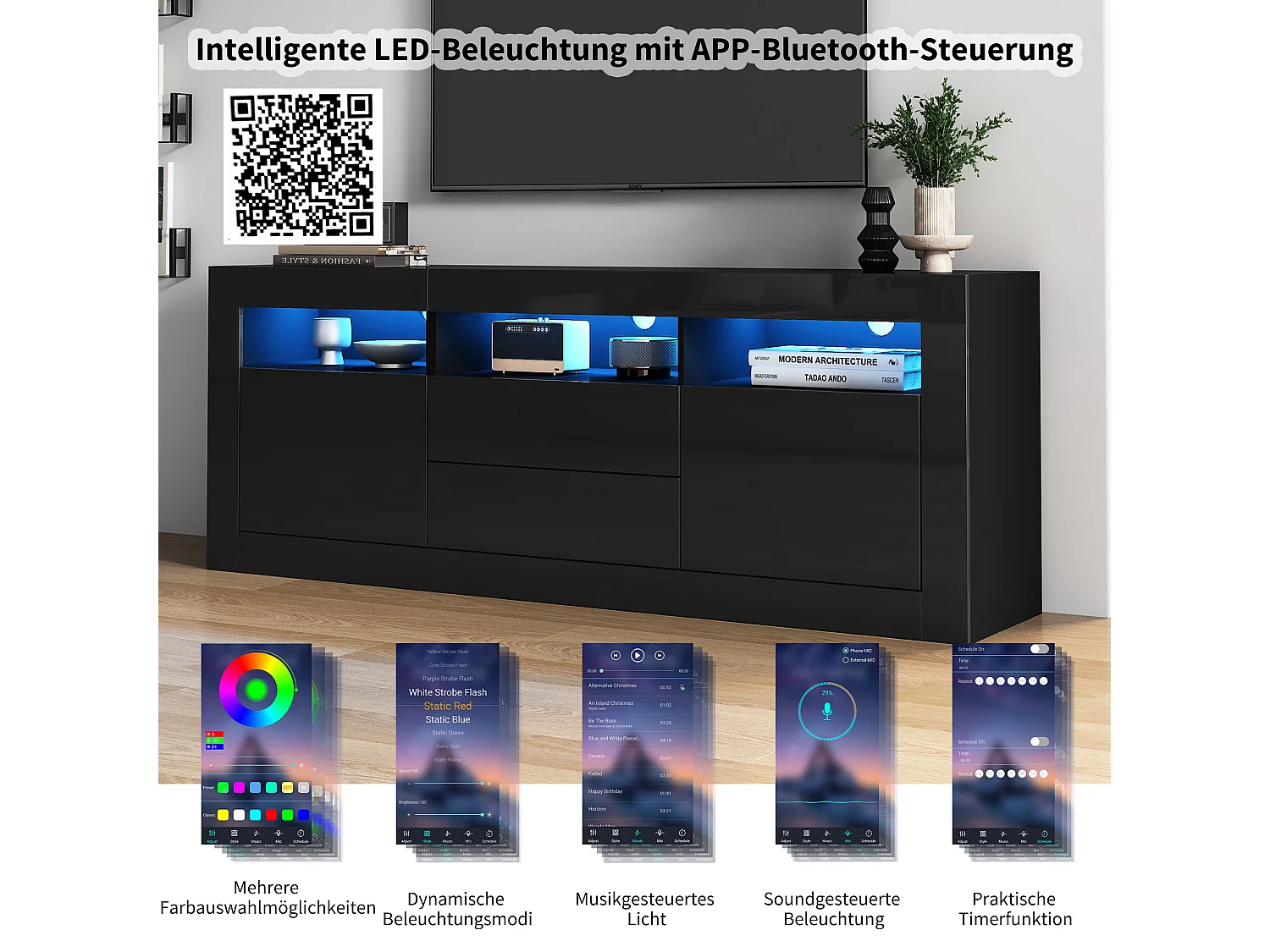 Mobile TV con 3 vani a giorno, 2 ante e 2 cassetti - 160 x 35 x 60 cm - Truciolare - LED - Nero lucido