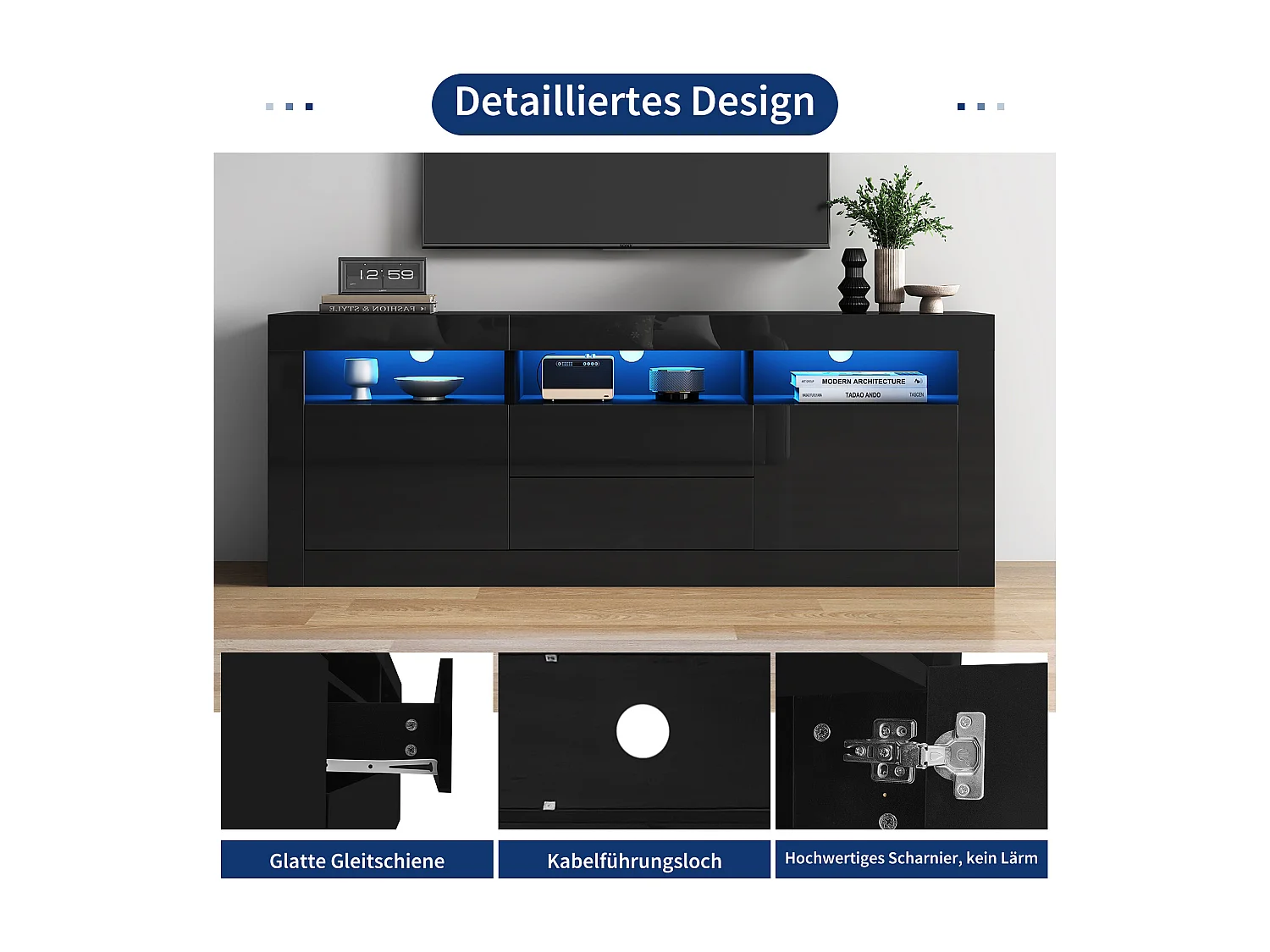 Mobile TV con 3 vani a giorno, 2 ante e 2 cassetti - 160 x 35 x 60 cm - Truciolare - LED - Nero lucido