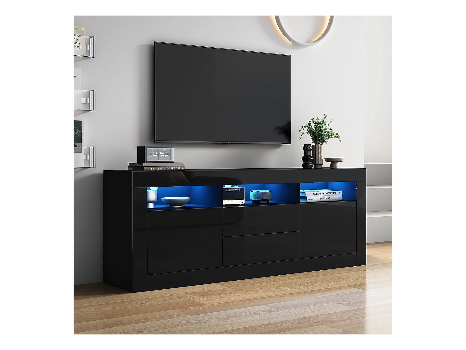 TV-Schrank mit 3 offenen Fächern, 2 Türen und 2 Schubladen – 160 x 35 x 60 cm – Spanplatte – LEDs – Glänzendes Schwarz