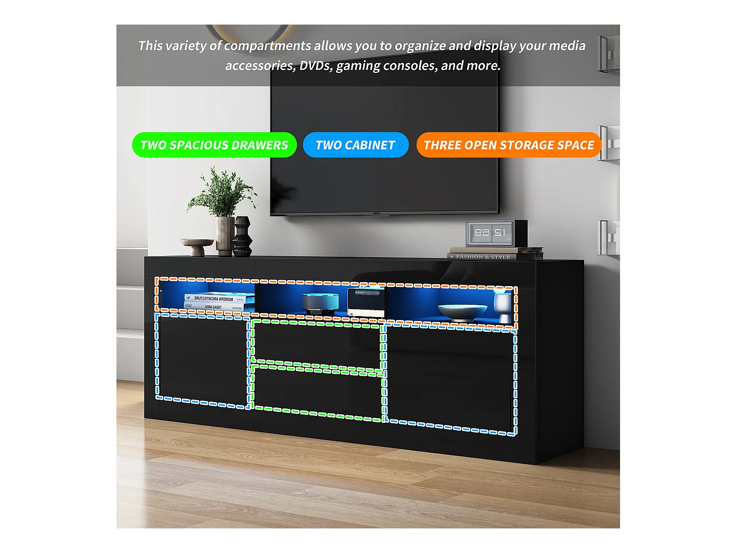 Meuble TV avec 3 compartiments ouverts, 2 portes et 2 tiroirs - 160 x 35 x 60 cm - Panneau de particules - LEDs - Noir brillant