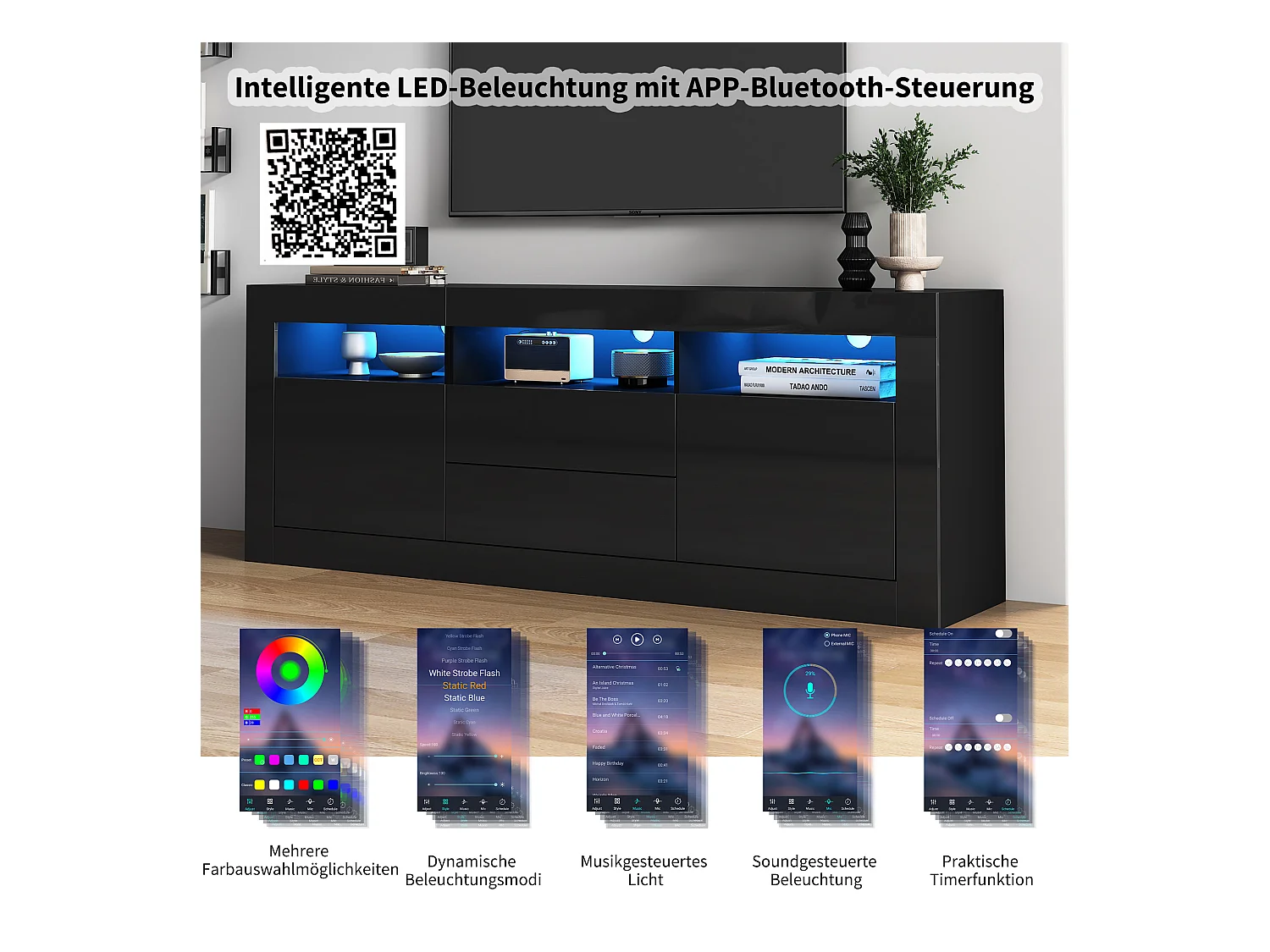 Meuble TV avec 3 compartiments ouverts, 2 portes et 2 tiroirs - 160 x 35 x 60 cm - Panneau de particules - LEDs - Noir brillant