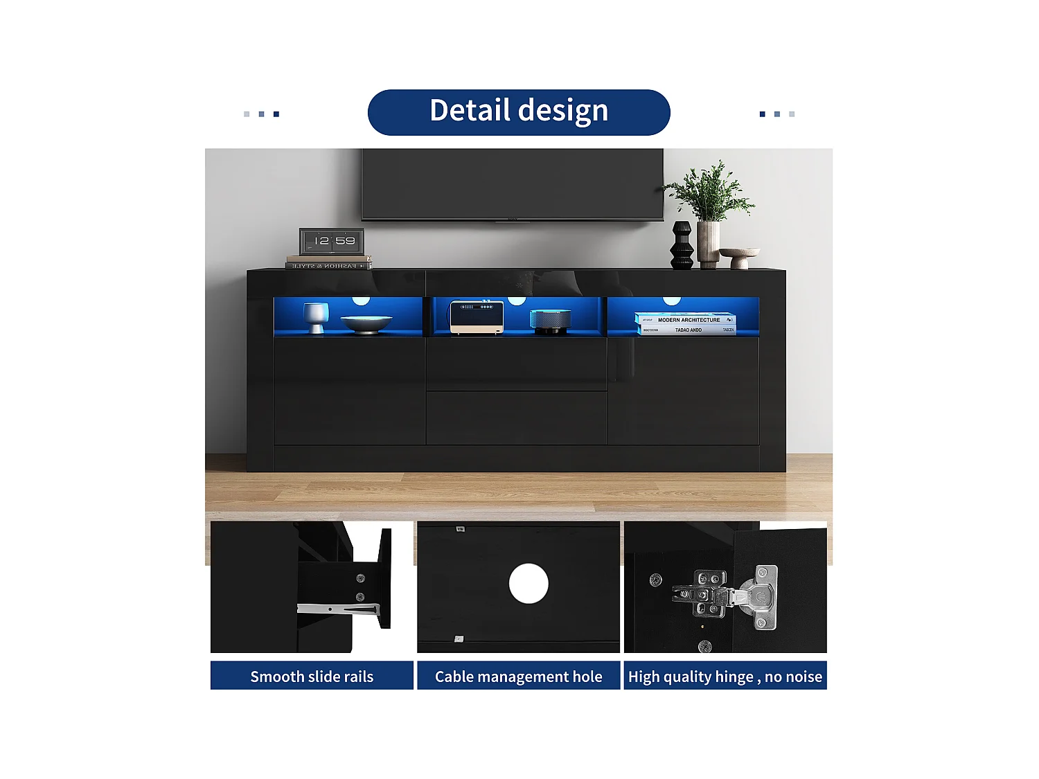 Meuble TV avec 3 compartiments ouverts, 2 portes et 2 tiroirs - 160 x 35 x 60 cm - Panneau de particules - LEDs - Noir brillant