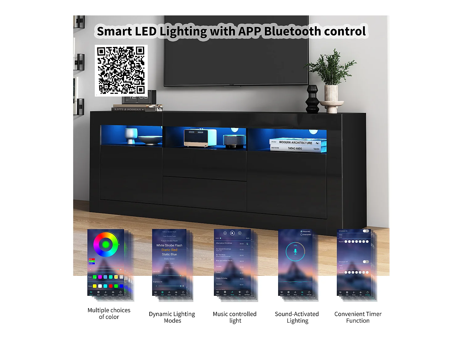 Meuble TV avec 3 compartiments ouverts, 2 portes et 2 tiroirs - 160 x 35 x 60 cm - Panneau de particules - LEDs - Noir brillant