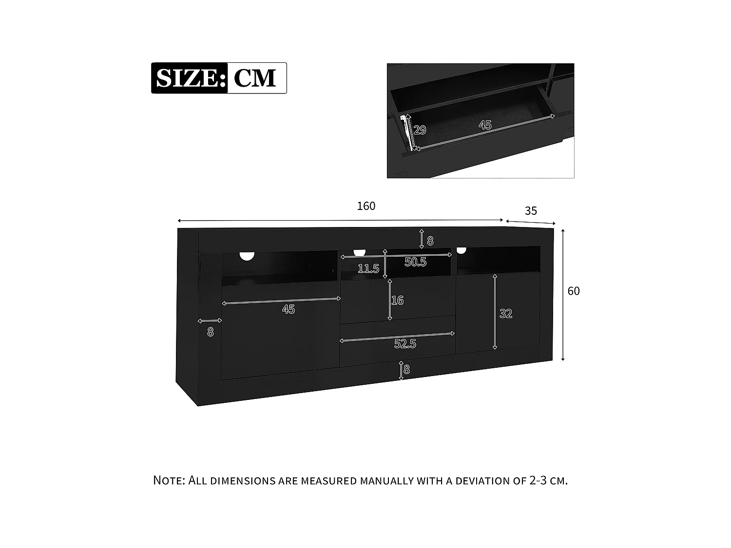 Meuble TV avec 3 compartiments ouverts, 2 portes et 2 tiroirs - 160 x 35 x 60 cm - Panneau de particules - LEDs - Noir brillant