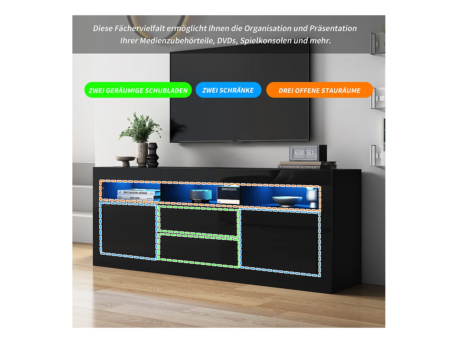 Meuble TV avec 3 compartiments ouverts, 2 portes et 2 tiroirs - 160 x 35 x 60 cm - Panneau de particules - LEDs - Noir brillant