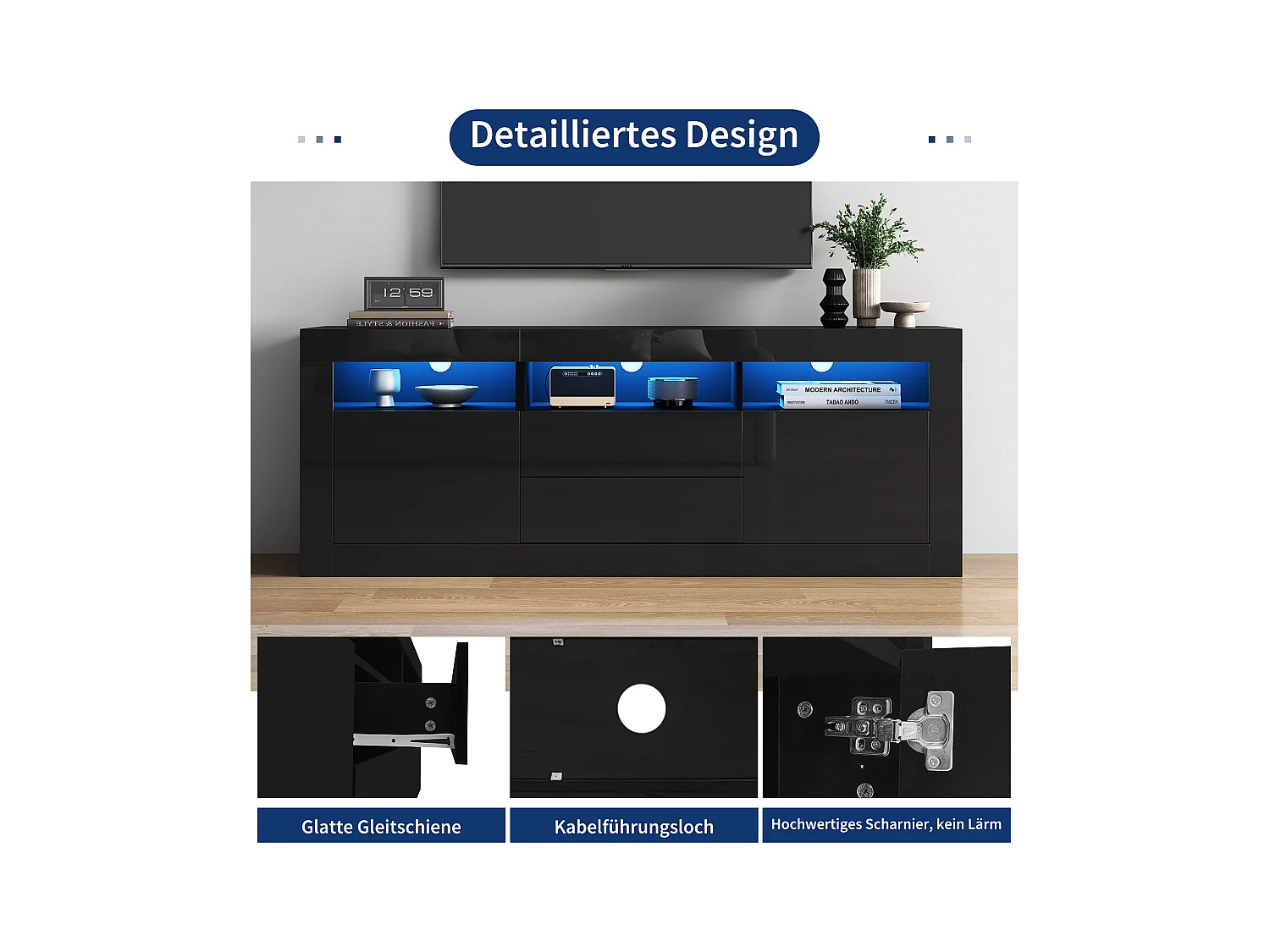 Meuble TV avec 3 compartiments ouverts, 2 portes et 2 tiroirs - 160 x 35 x 60 cm - Panneau de particules - LEDs - Noir brillant