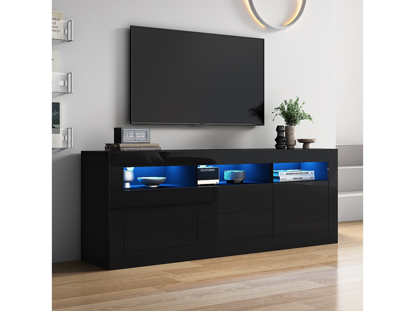 Mobile TV Lucido Con LED 160x35x60 Cm | 3 Scomparti, 2 Ante, 2 Cassetti, Controllo App, Per TV Fino A 70 Pollici - 4