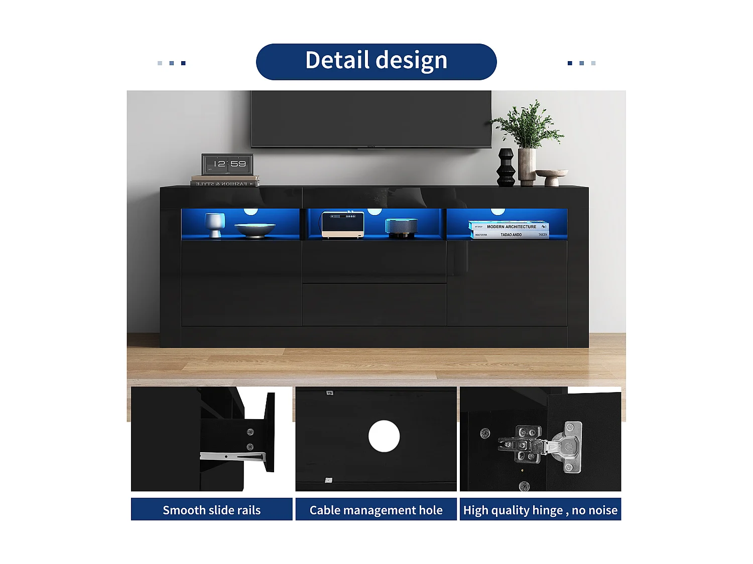 TV-meubel met 3 open vakken, 2 deuren en 2 lades - 160 x 35 x 60 cm - Spaanplaat - LED's - Glanzend zwart