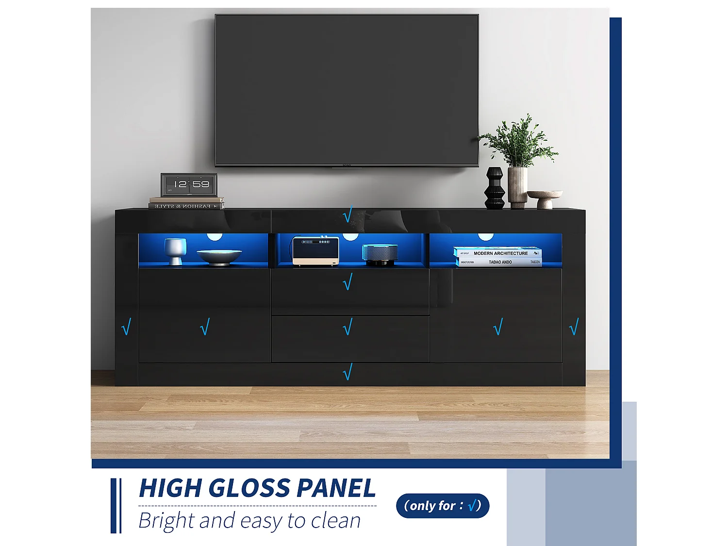 TV-meubel met 3 open vakken, 2 deuren en 2 lades - 160 x 35 x 60 cm - Spaanplaat - LED's - Glanzend zwart