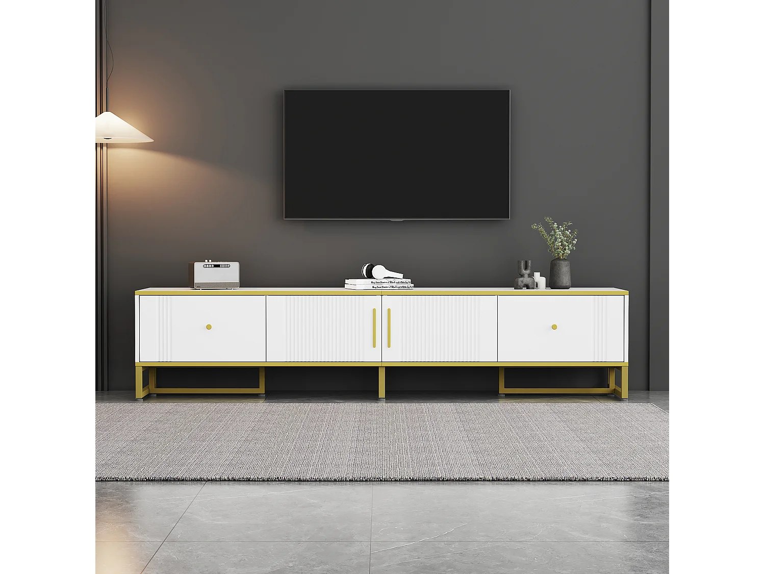 Meuble TV avec 2 portes et 2 tiroirs - 180 x 40 x 40 cm - Panneau de particules et pièds en métal - Blanc