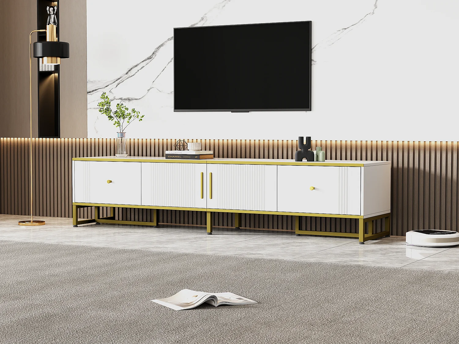 Meuble TV avec 2 portes et 2 tiroirs - 180 x 40 x 40 cm - Panneau de particules et pièds en métal - Blanc