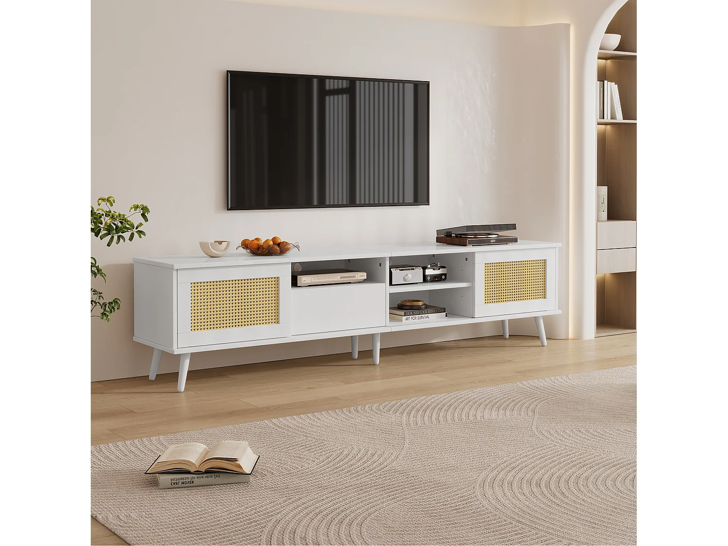 Meuble TV avec 2 portes en rotin, 1 tiroir et 3 compartiments ouverts - 200 x 40 x 49 cm - Panneau de particules - Blanc