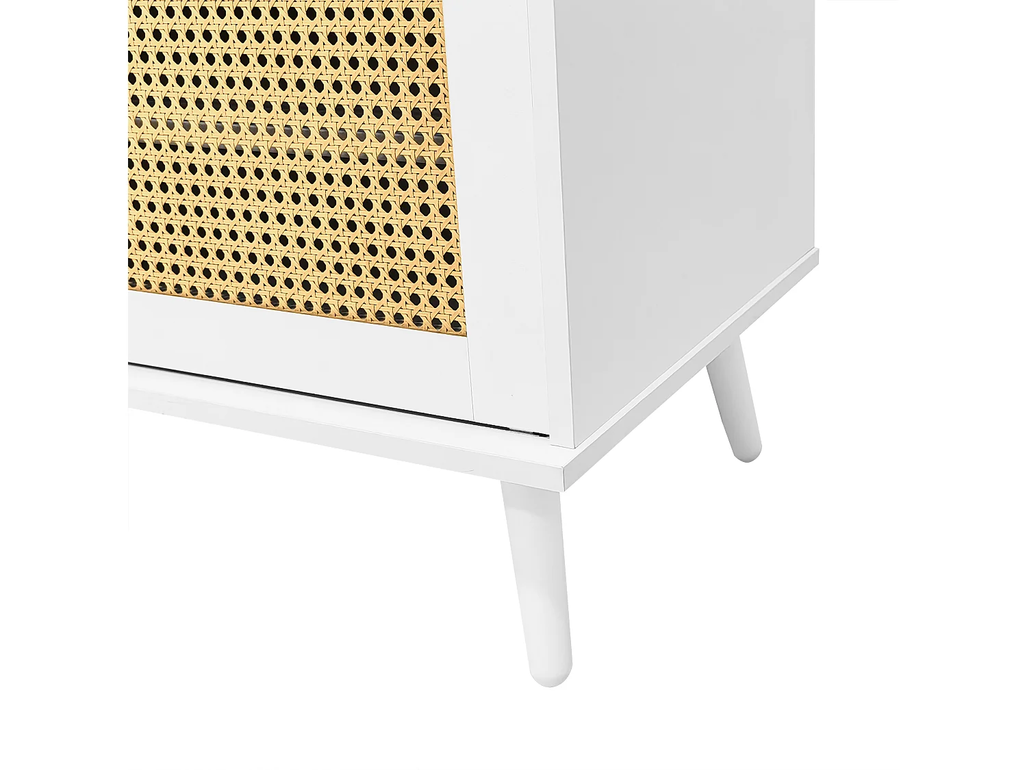 Meuble TV avec 2 portes en rotin, 1 tiroir et 3 compartiments ouverts - 200 x 40 x 49 cm - Panneau de particules - Blanc