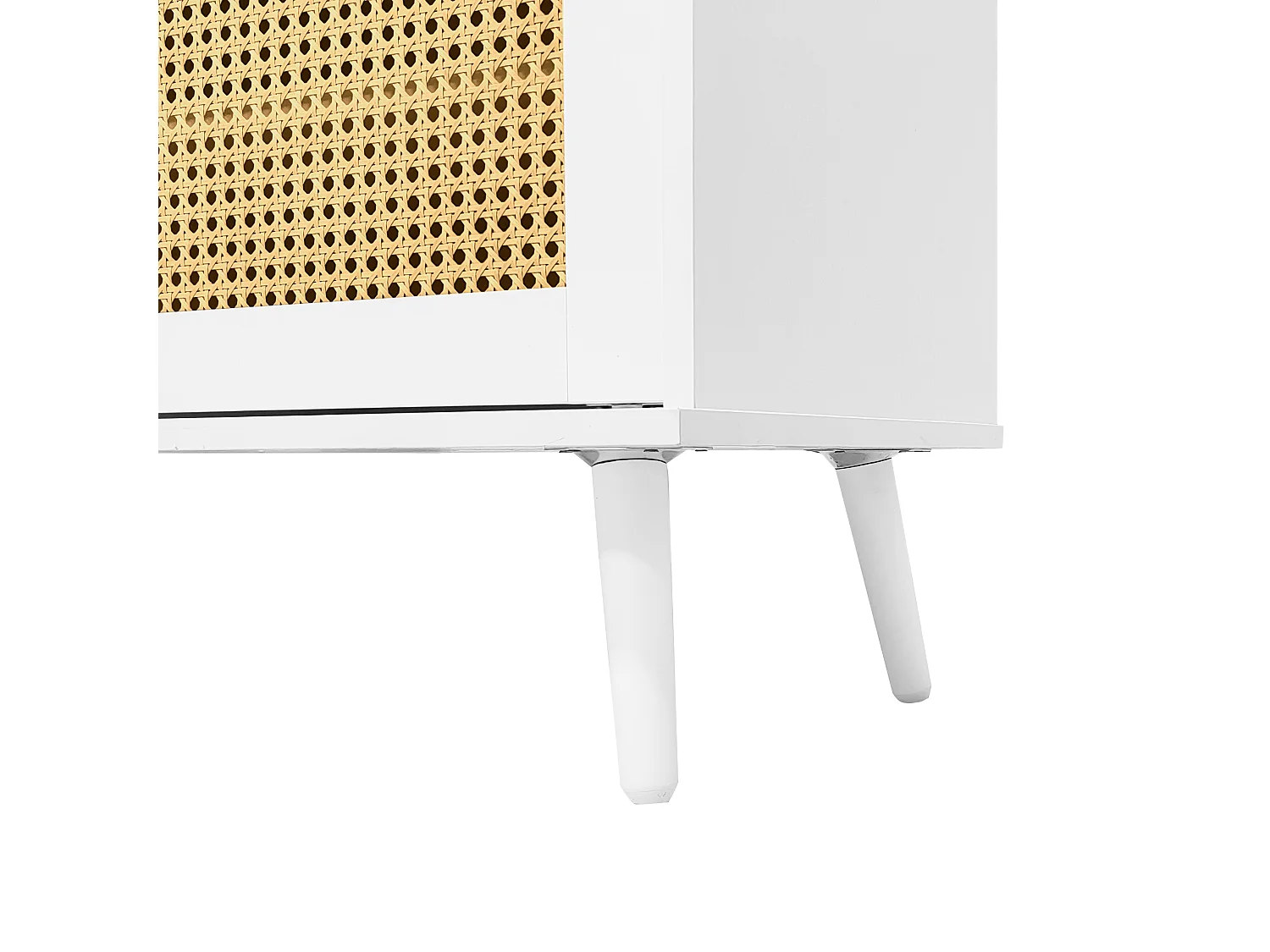 Meuble TV avec 2 portes en rotin, 1 tiroir et 3 compartiments ouverts - 200 x 40 x 49 cm - Panneau de particules - Blanc