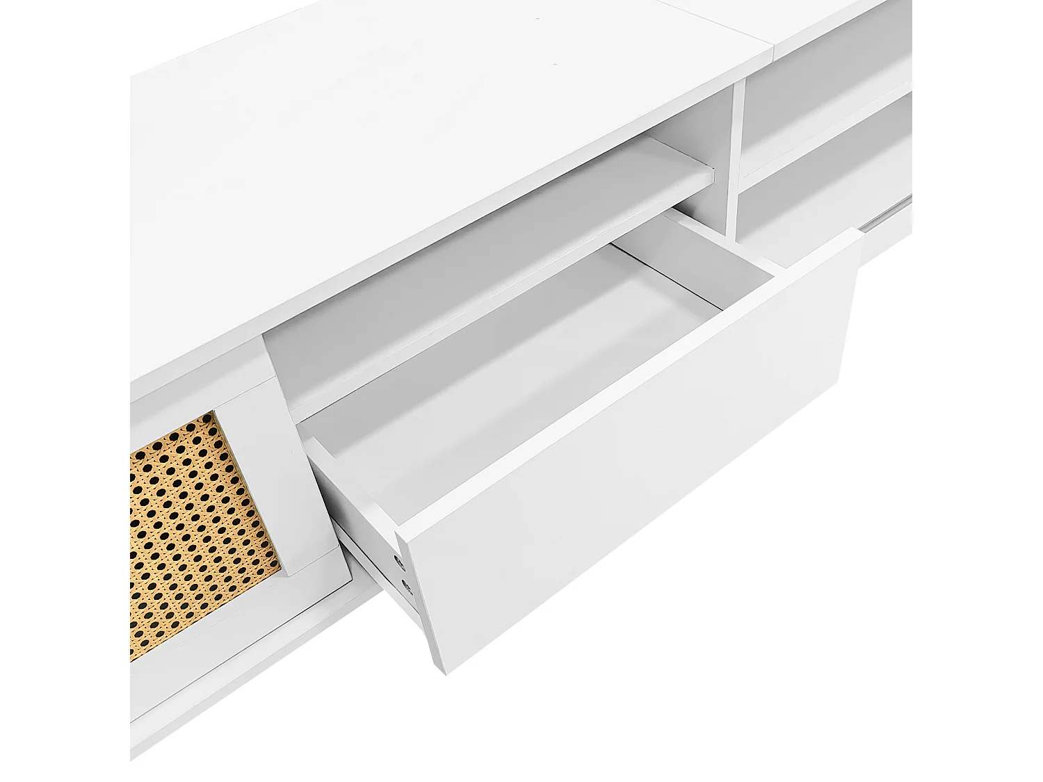 Meuble TV avec 2 portes en rotin, 1 tiroir et 3 compartiments ouverts - 200 x 40 x 49 cm - Panneau de particules - Blanc