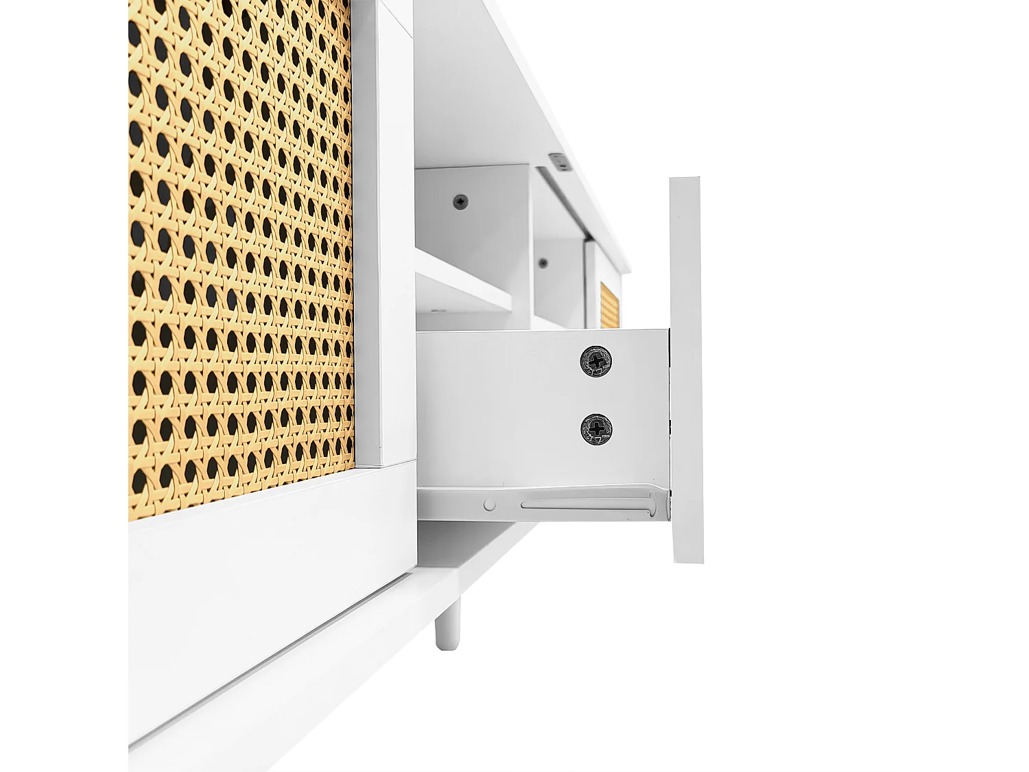 Meuble TV avec 2 portes en rotin, 1 tiroir et 3 compartiments ouverts - 200 x 40 x 49 cm - Panneau de particules - Blanc