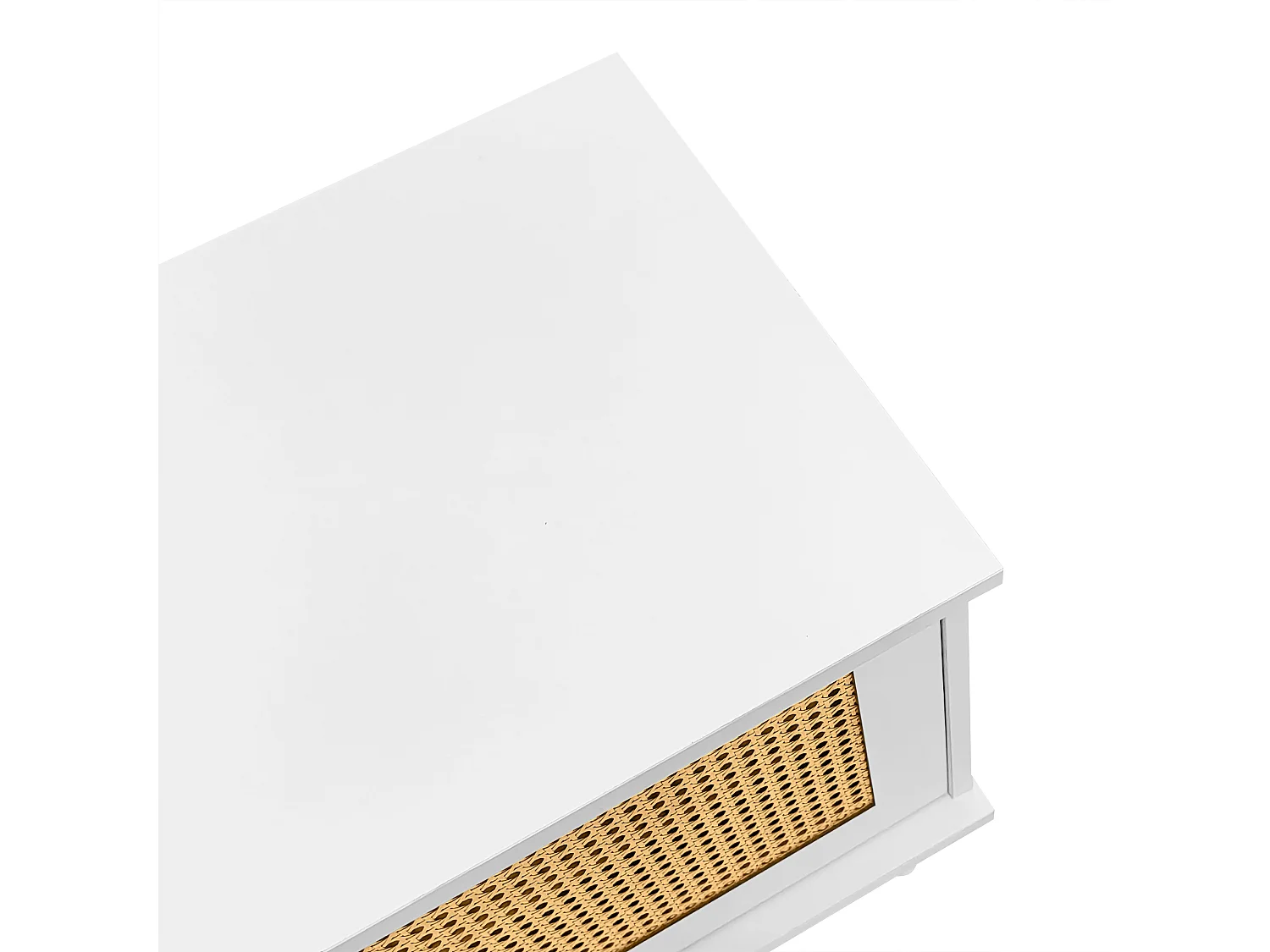 Meuble TV avec 2 portes en rotin, 1 tiroir et 3 compartiments ouverts - 200 x 40 x 49 cm - Panneau de particules - Blanc