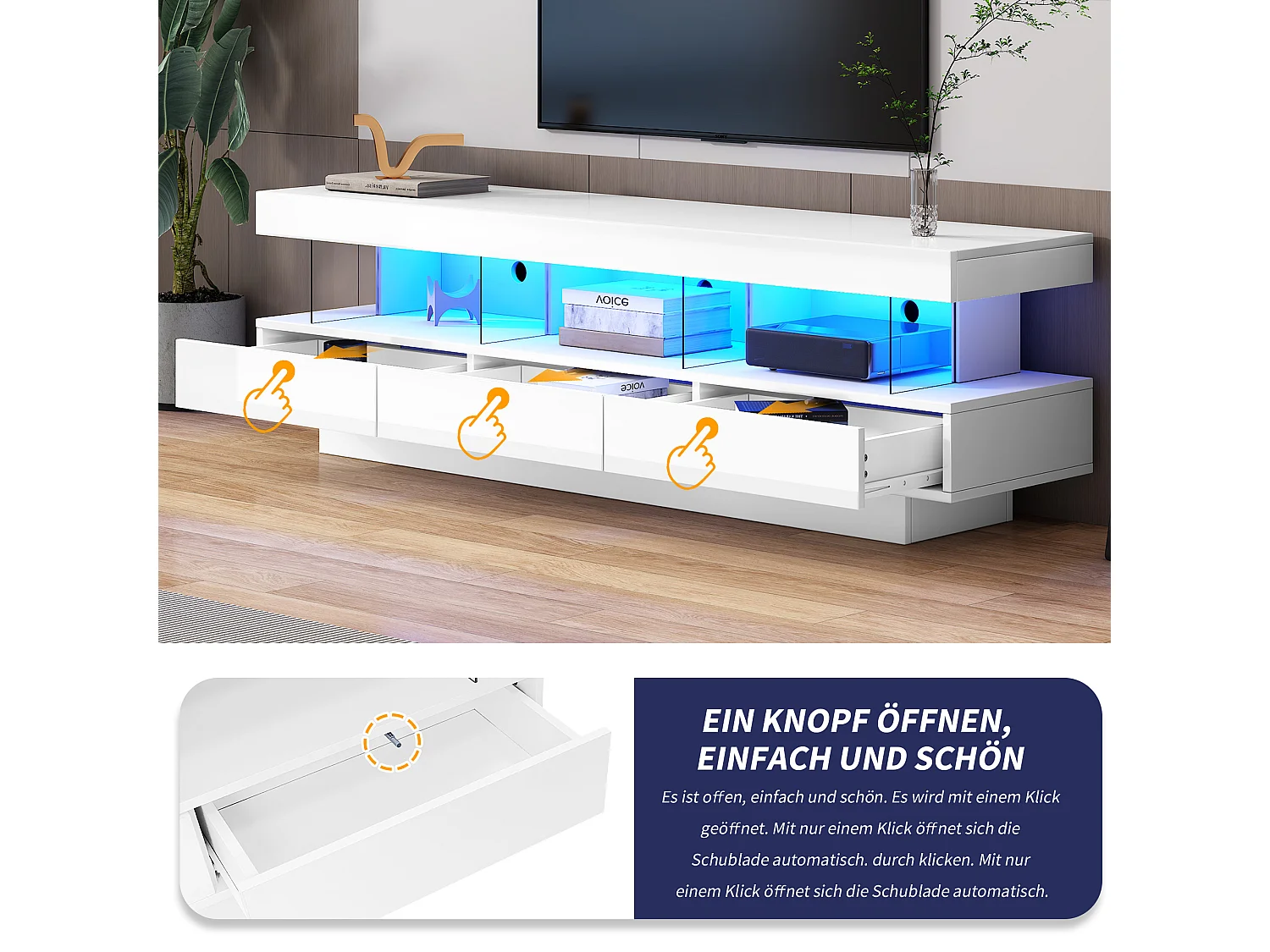 TV-meubel met 3 lades en 3 vakken - 160 x 38 x 50,5 cm - Glazen scheidingswand - LED's - Spaanplaat - Glanzend wit