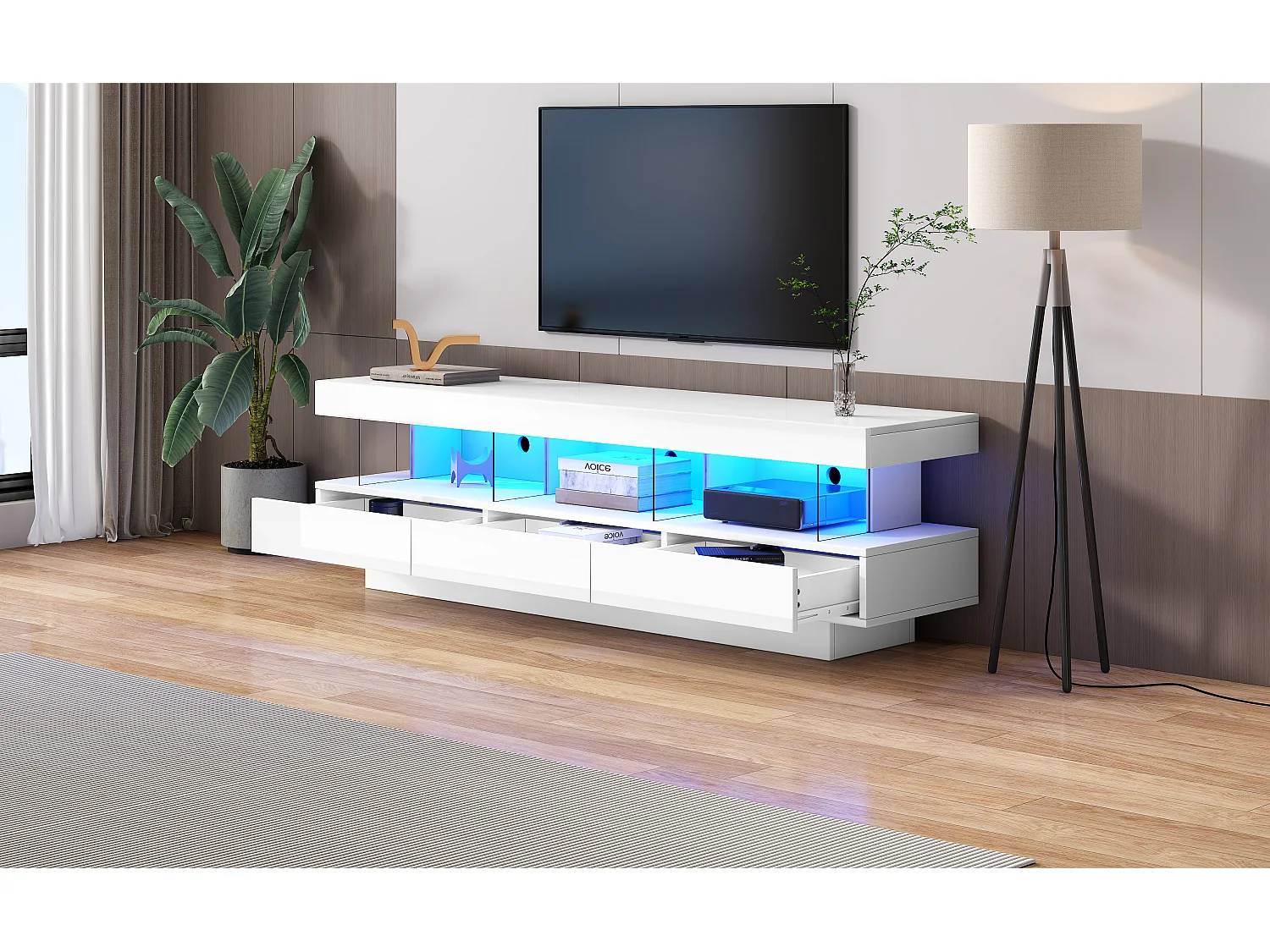 Meuble TV avec 3 tiroirs et 3 compartiments - 160 x 38 x 50.5 cm - Cloison vitrée - LEDs - Panneau de particules - Blanc brillant