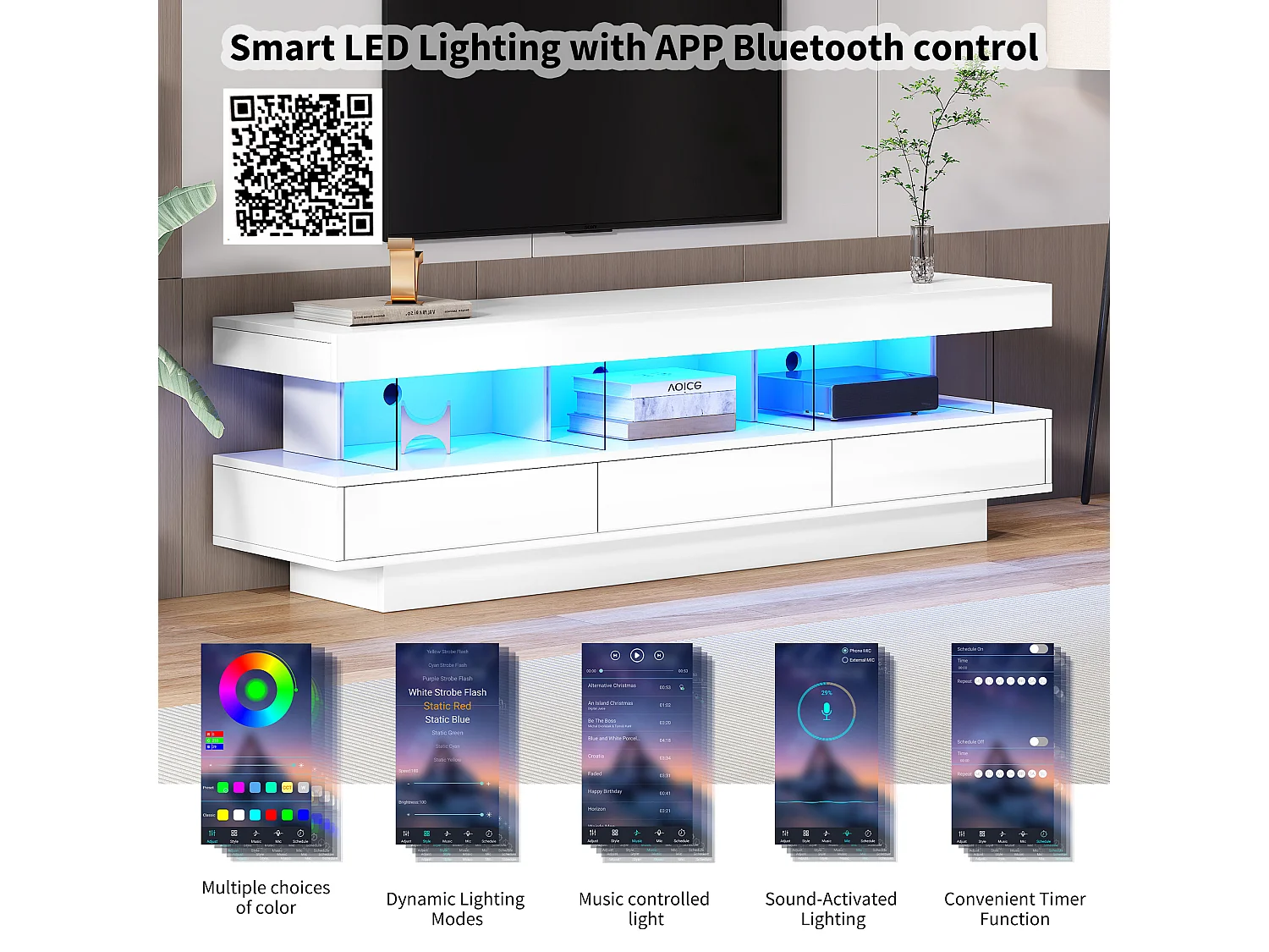 Meuble TV avec 3 tiroirs et 3 compartiments - 160 x 38 x 50.5 cm - Cloison vitrée - LEDs - Panneau de particules - Blanc brillant