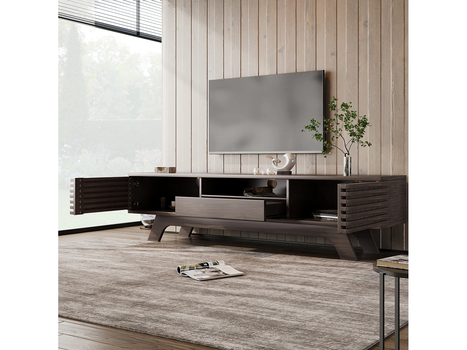 Meuble TV avec 2 portes, 1 tiroir et 1 niche - Panneau de particules - 150 x 40 x 44.5 cm - Naturel