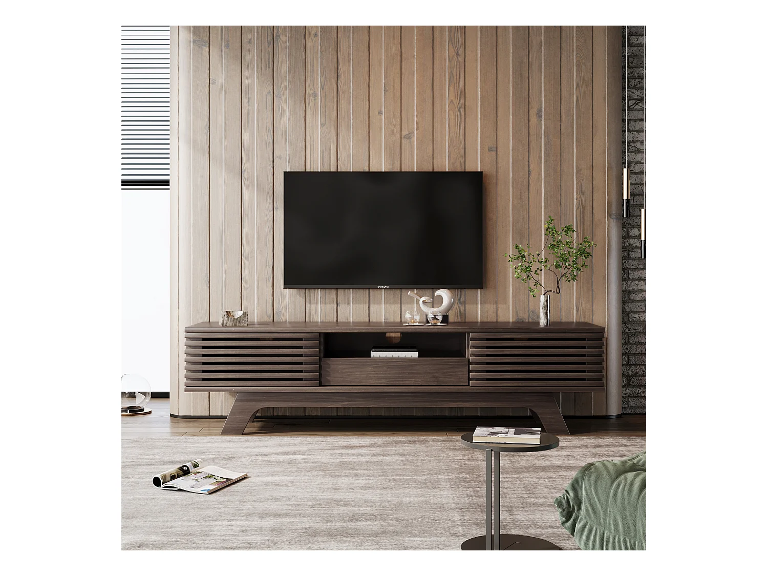 TV-Schrank mit 2 Türen, 1 Schublade und 1 Nische – Spanplatte – 150 x 40 x 44,5 cm – Natur