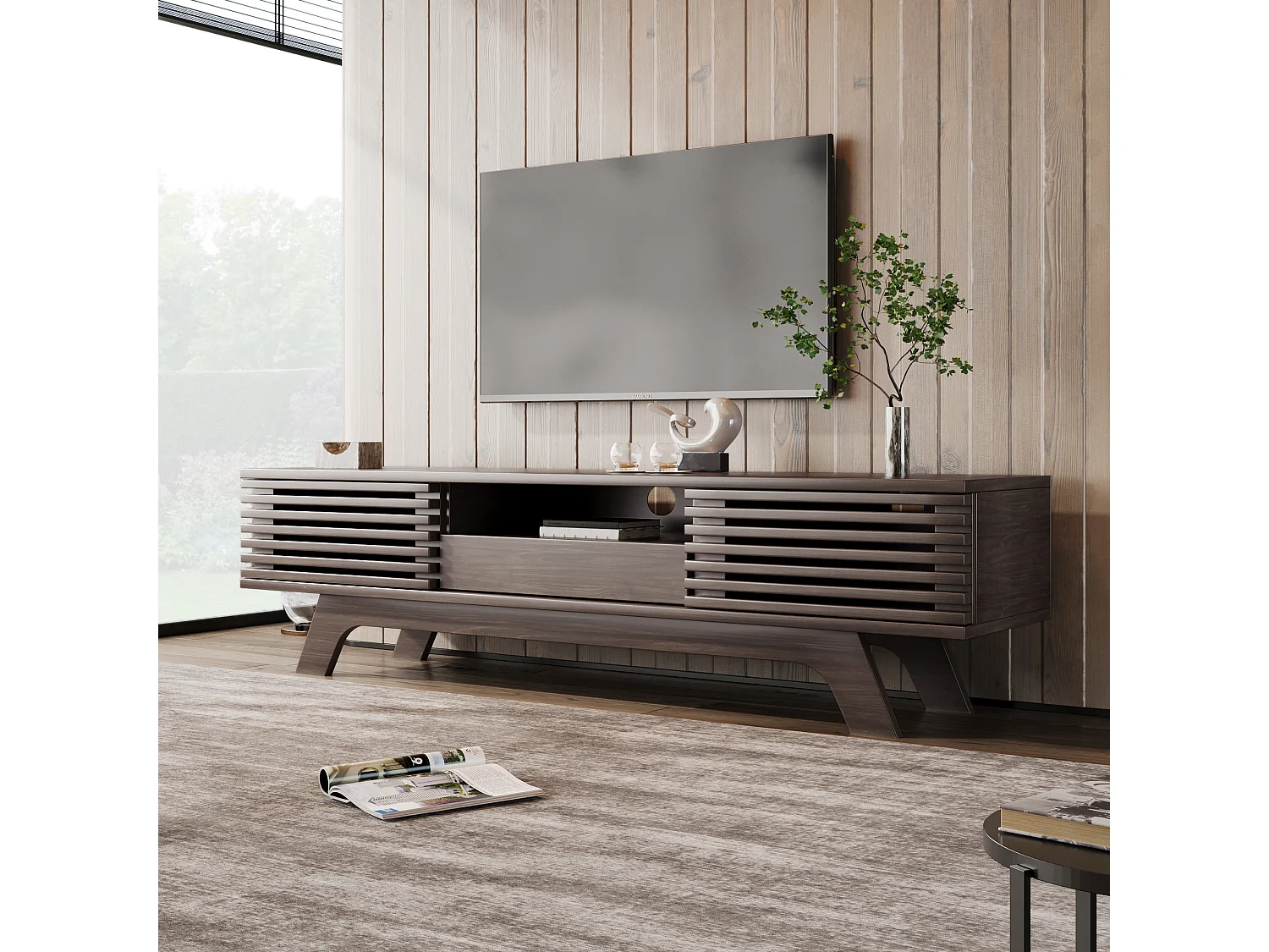 Meuble TV avec 2 portes, 1 tiroir et 1 niche - Panneau de particules - 150 x 40 x 44.5 cm - Naturel