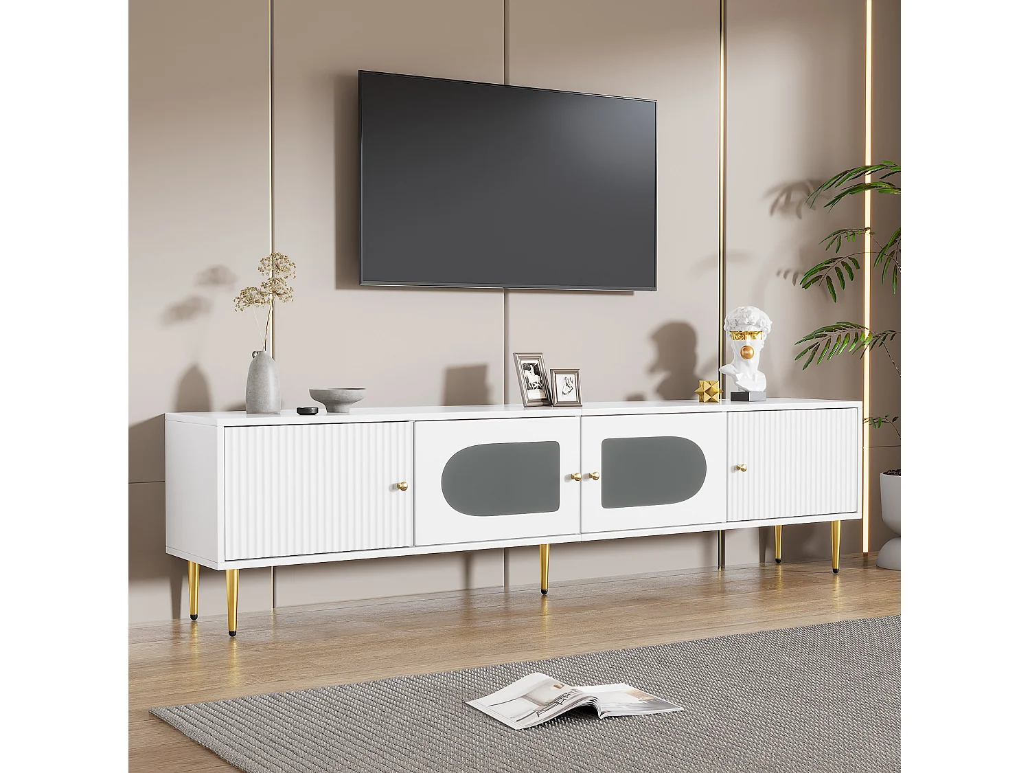 Mueble para TV con 2 puertas rayadas y 2 puertas de cristal - 170 x 35 x 50 cm - Tablero de partículas - Blanco