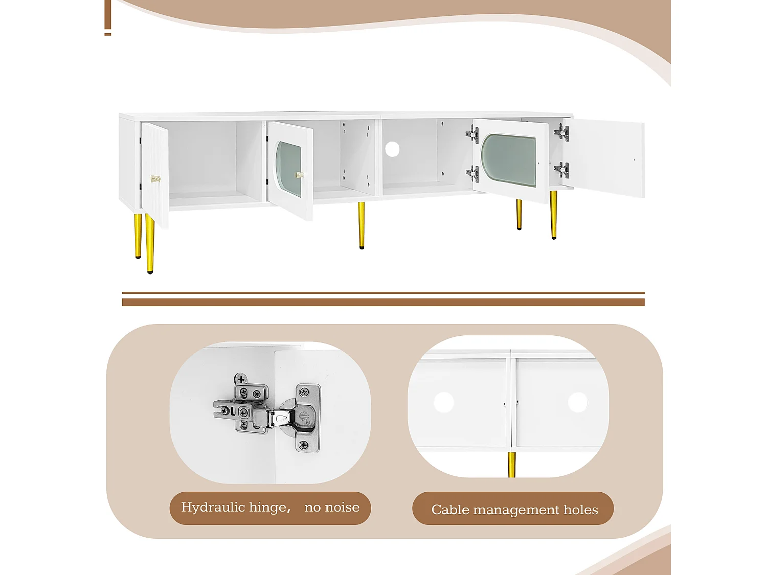 Mueble para TV con 2 puertas rayadas y 2 puertas de cristal - 170 x 35 x 50 cm - Tablero de partículas - Blanco