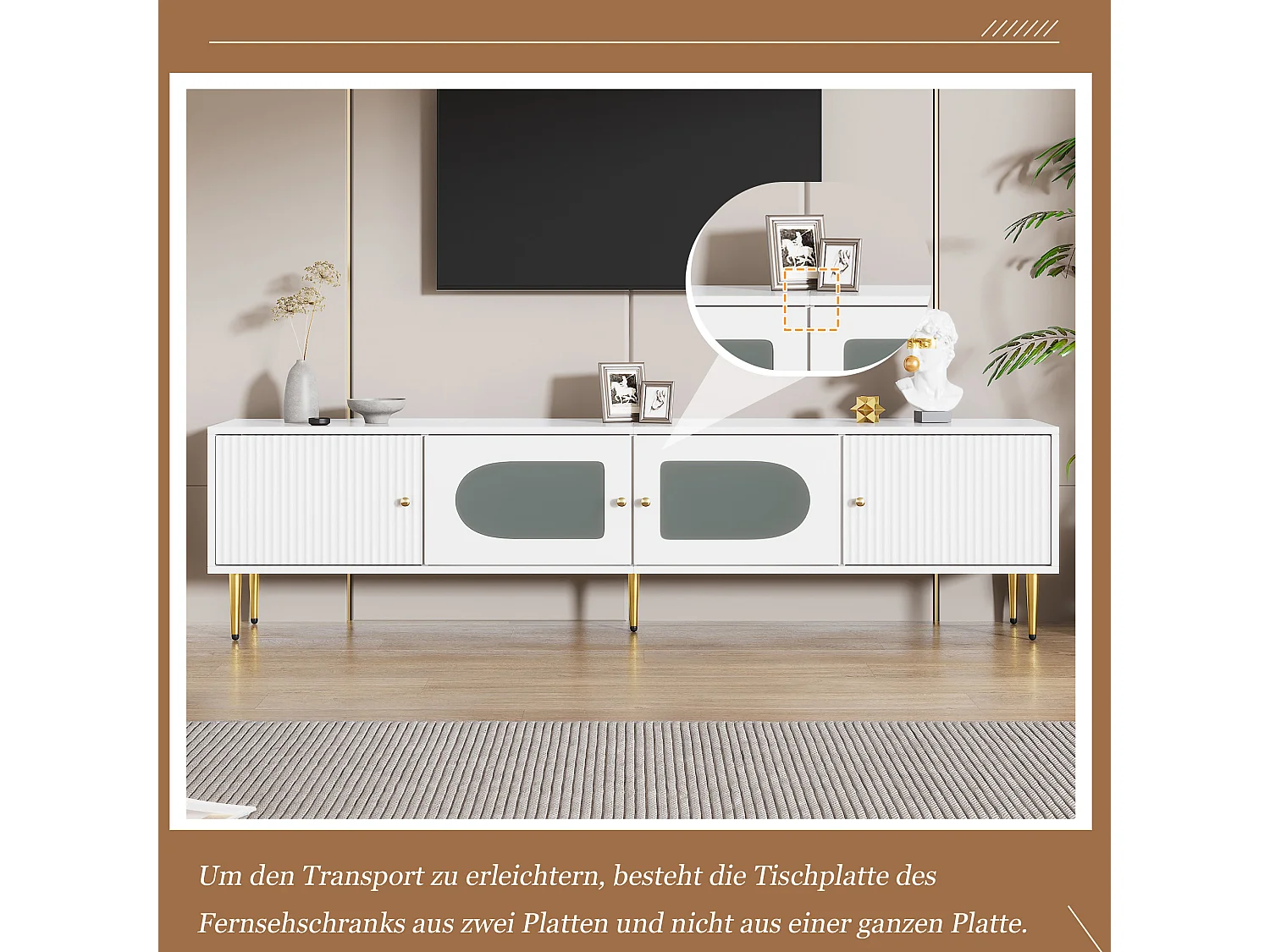 Mueble para TV con 2 puertas rayadas y 2 puertas de cristal - 170 x 35 x 50 cm - Tablero de partículas - Blanco