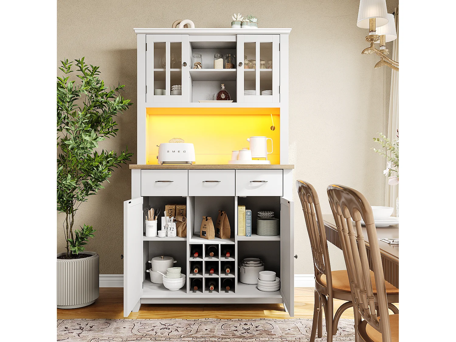 Hohes Sideboard mit 4 Türen, 3 Schubladen und Weinregal für 9 Flaschen – 106 x 40 x 179,5 cm – LEDs – MDF-Holz – für die Küche – Weiß + Natur