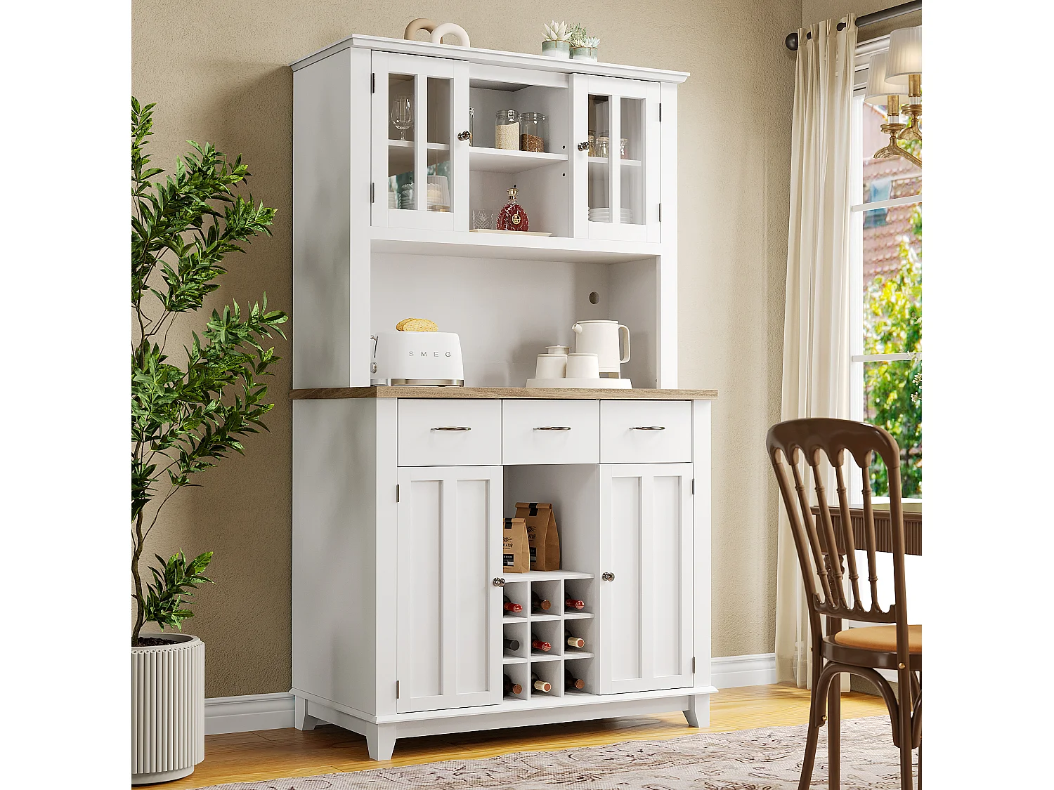 Hohes Sideboard mit 4 Türen, 3 Schubladen und Weinregal für 9 Flaschen – 106 x 40 x 179,5 cm – LEDs – MDF-Holz – für die Küche – Weiß + Natur