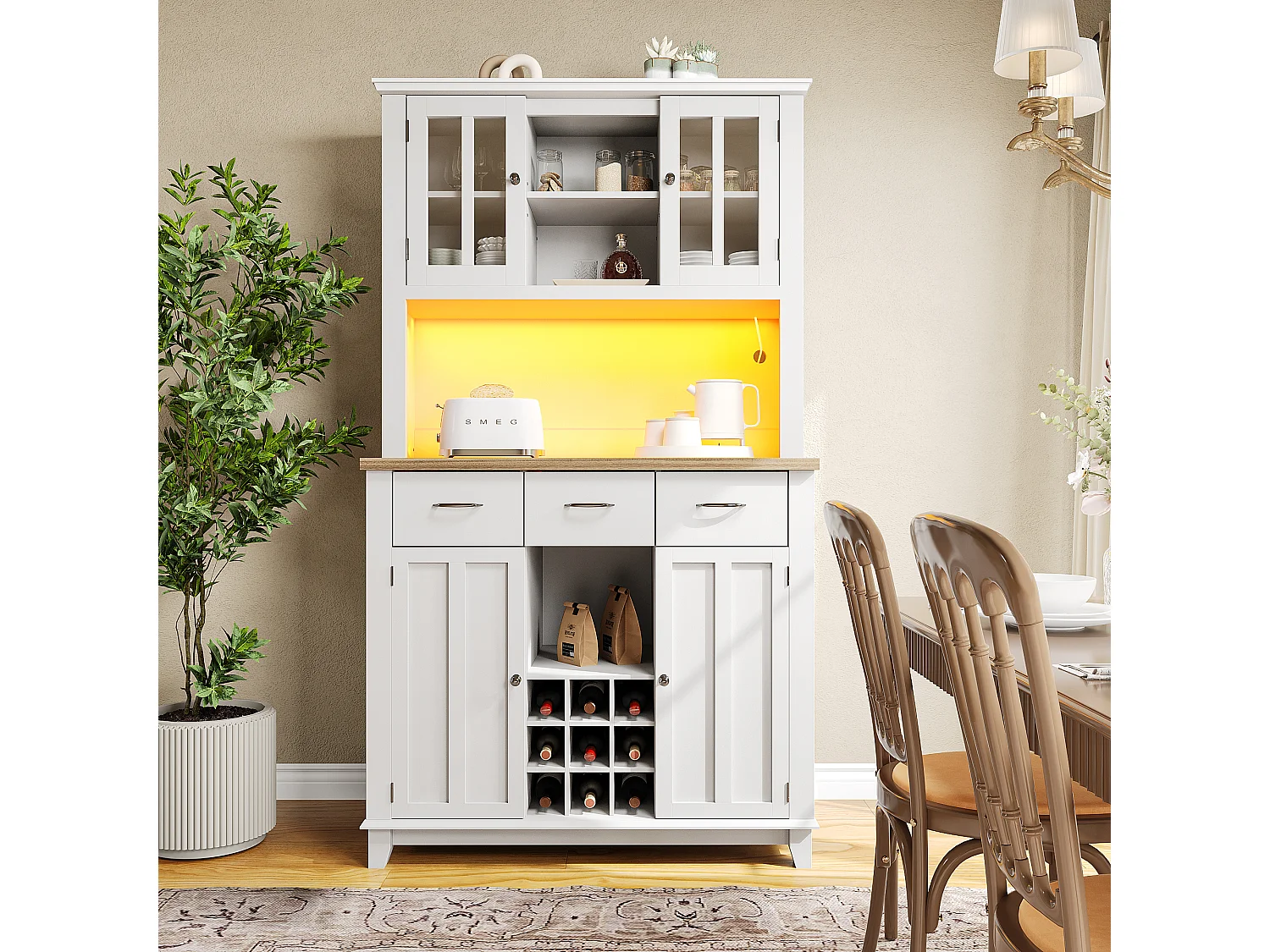 Hohes Sideboard mit 4 Türen, 3 Schubladen und Weinregal für 9 Flaschen – 106 x 40 x 179,5 cm – LEDs – MDF-Holz – für die Küche – Weiß + Natur