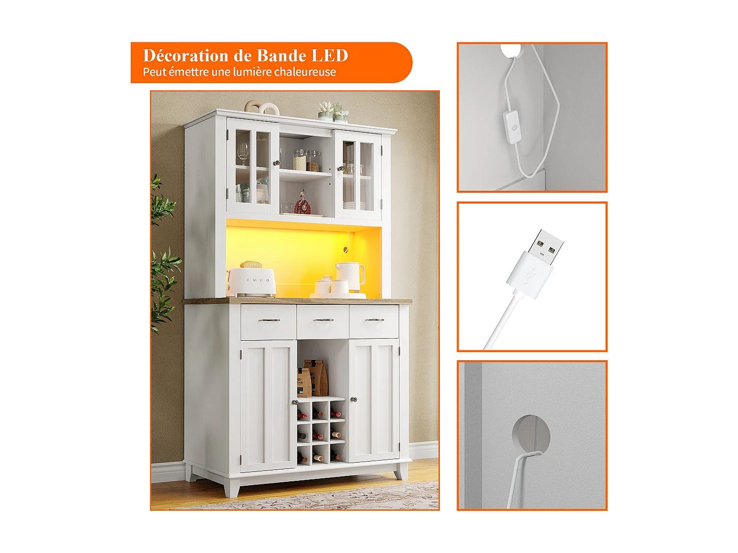 Hohes Sideboard mit 4 Türen, 3 Schubladen und Weinregal für 9 Flaschen – 106 x 40 x 179,5 cm – LEDs – MDF-Holz – für die Küche – Weiß + Natur