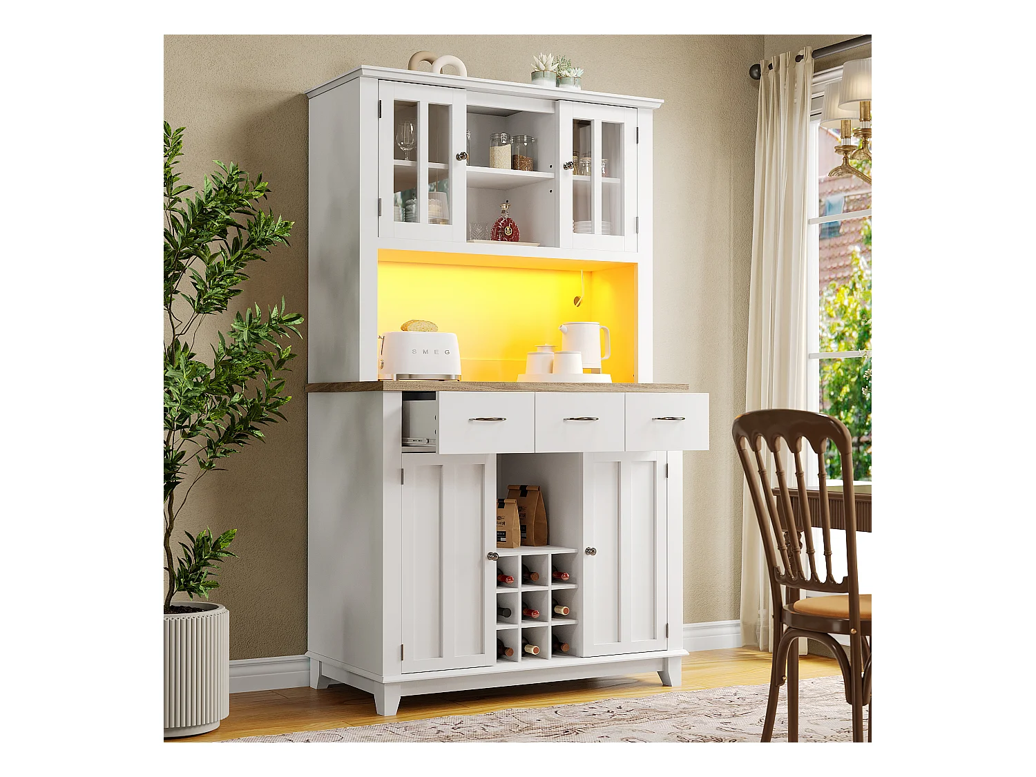 Buffet haut avec 4 portes, 3 tiroirs et casier à vin 9 bouteuille - 106 x 40 x 179.5 cm - LEDs - Bois MDF - pour cuisine - Blanc + naturel