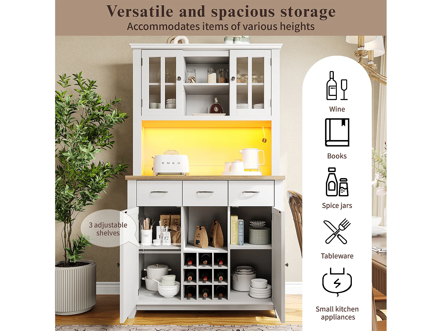 Hohes Sideboard mit 4 Türen, 3 Schubladen und Weinregal für 9 Flaschen – 106 x 40 x 179,5 cm – LEDs – MDF-Holz – für die Küche – Weiß + Natur