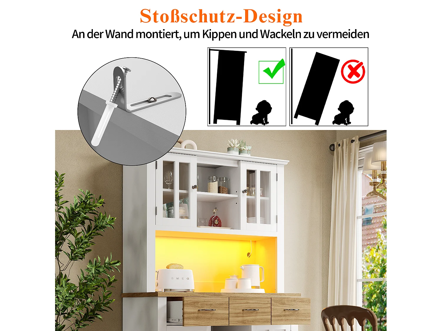 Credenza alta con 4 ante, 3 cassetti e portabottiglie da 9 bottiglie - 106 x 40 x 179,5 cm - LED - Legno MDF - per cucina - Bianco + naturale