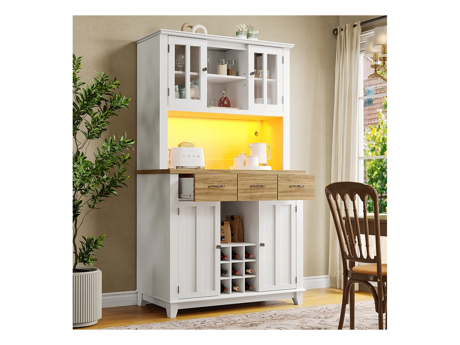 Buffet haut avec 4 portes, 3 tiroirs et casier à vin 9 bouteuille - 106 x 40 x 179.5 cm - LEDs - Bois MDF - pour cuisine - Blanc + naturel