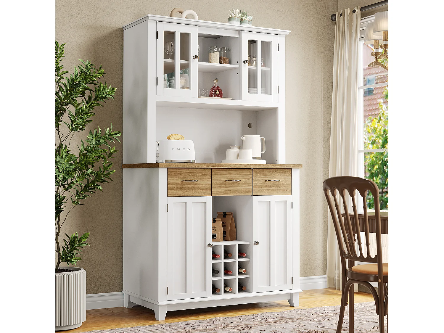 Buffet haut avec 4 portes, 3 tiroirs et casier à vin 9 bouteuille - 106 x 40 x 179.5 cm - LEDs - Bois MDF - pour cuisine - Blanc + naturel