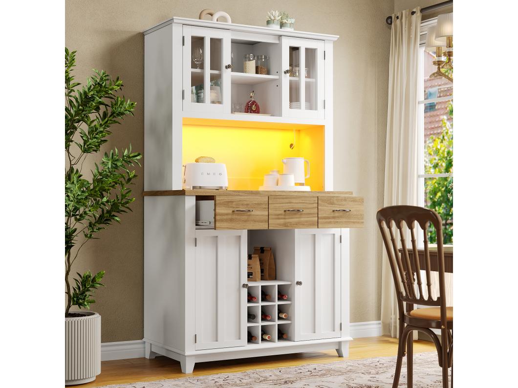 Hoog dressoir met 4 deuren, 3 laden en wijnrek voor 9 flessen - 106 x 40 x 179,5 cm - LED's - MDF hout - voor keuken - Wit + naturel