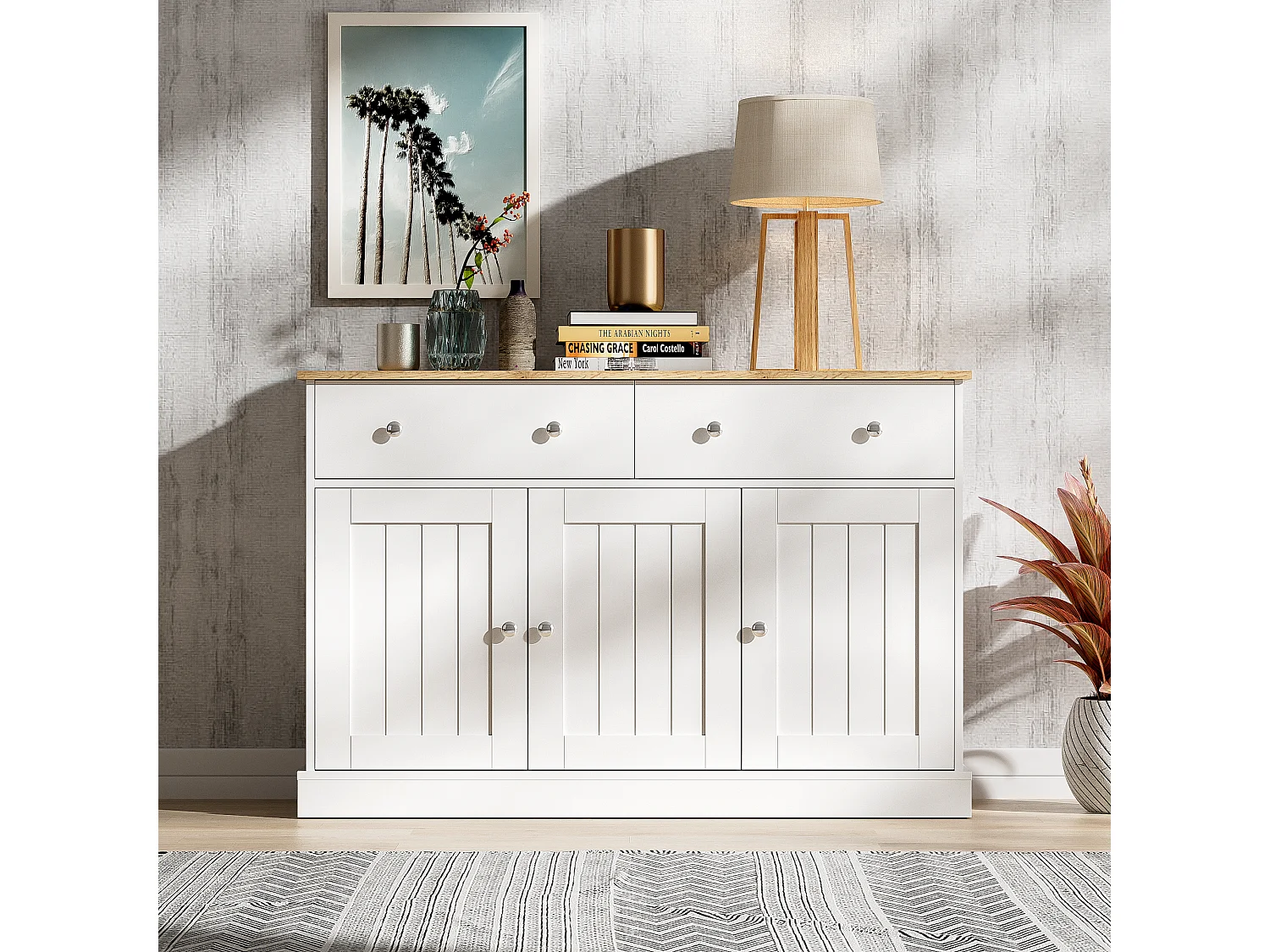 Buffet bas avec 3 portes et 2 tiroirs - 120 x 36 x 80.5 cm - Panneaux de particules - Blanc + naturel