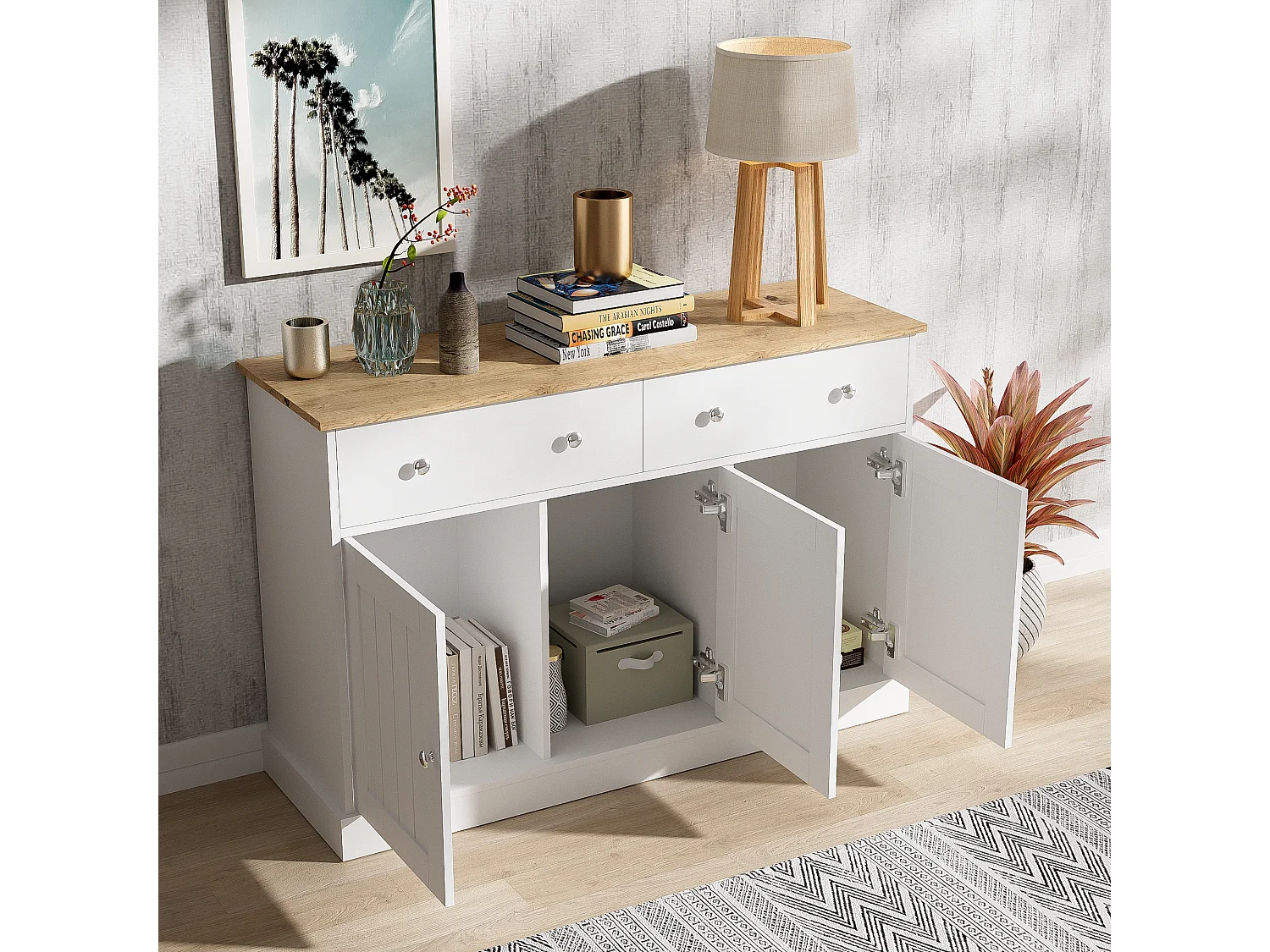Buffet bas avec 3 portes et 2 tiroirs - 120 x 36 x 80.5 cm - Panneaux de particules - Blanc + naturel