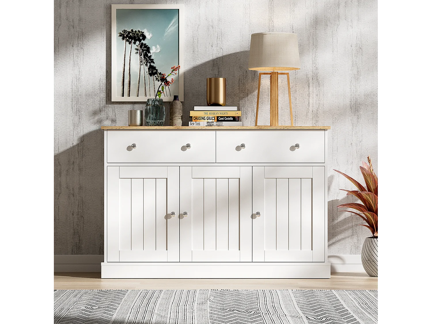 Komoda niska z 3 drzwiami i 2 szufladami - 120 x 36 x 80,5 cm - Płyta wiórowa - Biały + naturalny