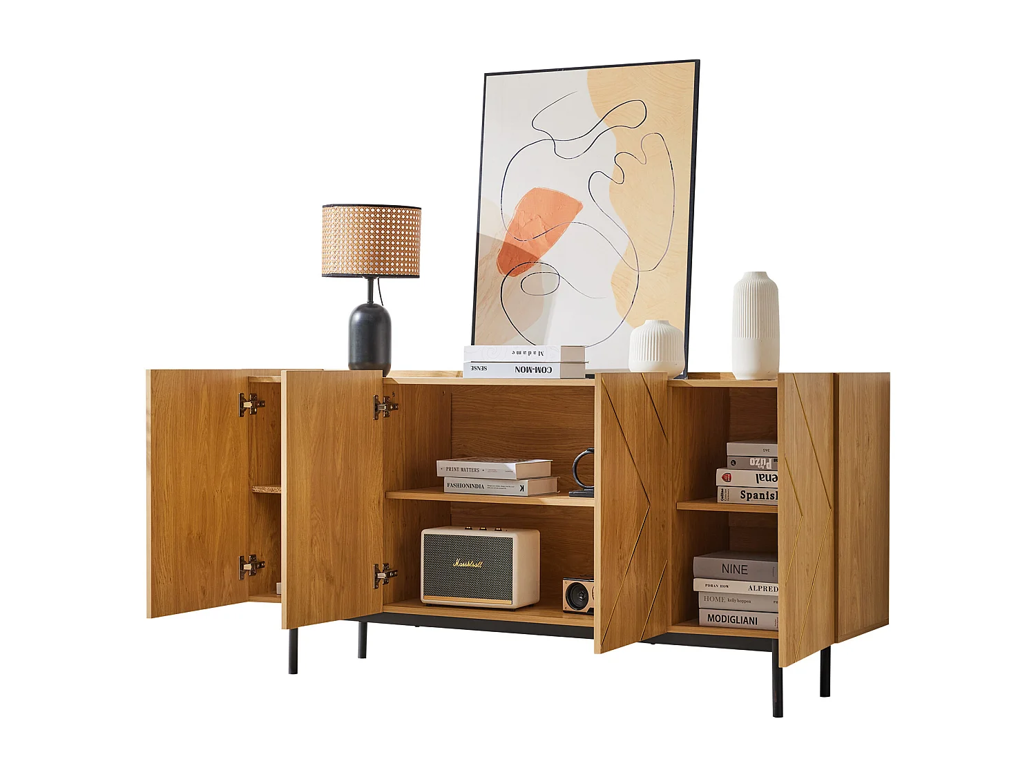 Aparador de sala, móvel de buffet com 4 portas - madeira natural - aglomerado - A 78 cm / L 160 cm / P 40 cm