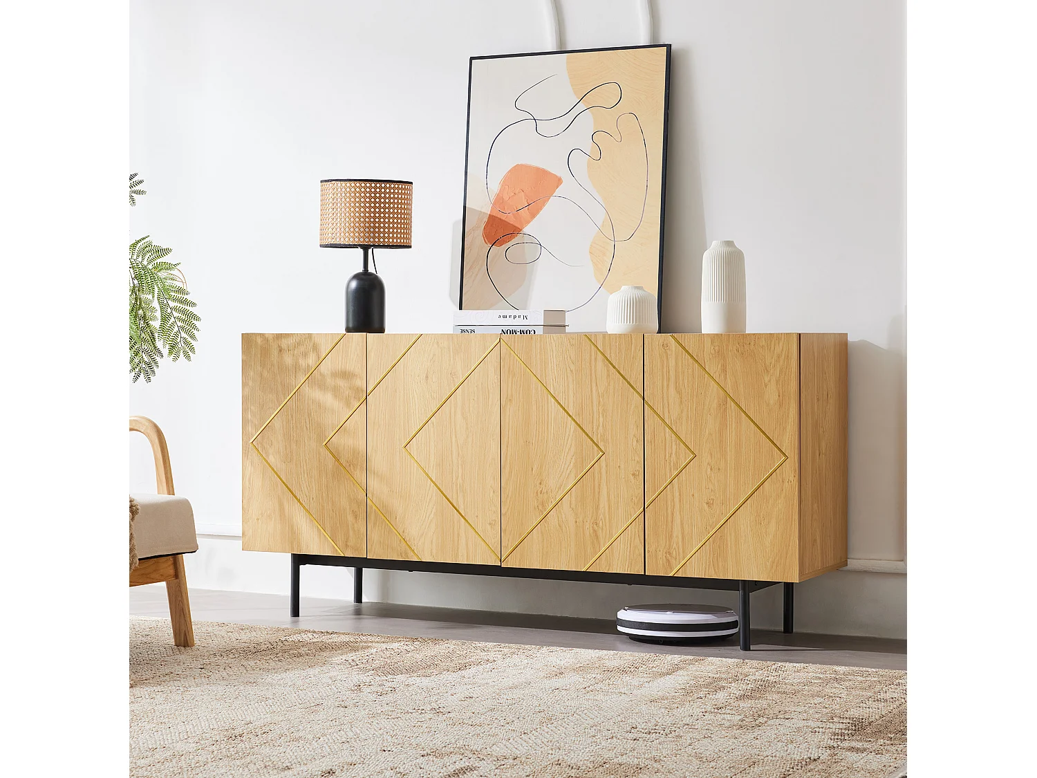 Credenza da soggiorno, mobile buffet con 4 ante - legno naturale - pannelli di particelle - H 78 cm / L 160 cm / P 40 cm