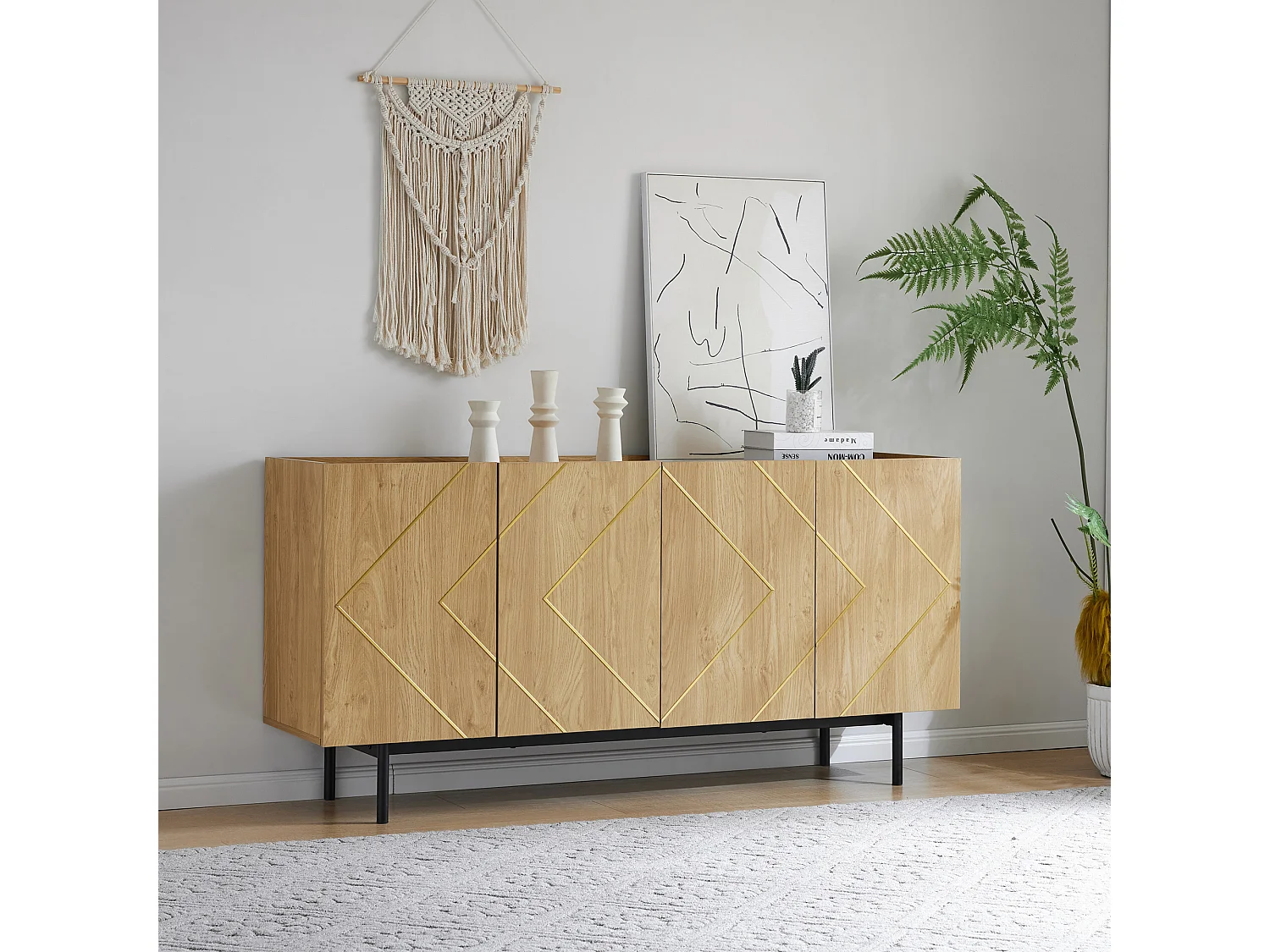 Credenza da soggiorno, mobile buffet con 4 ante - legno naturale - pannelli di particelle - H 78 cm / L 160 cm / P 40 cm
