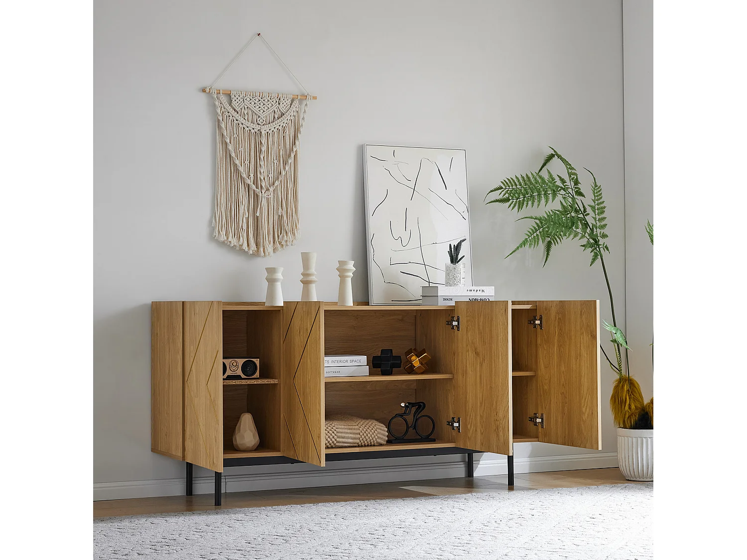 Credenza da soggiorno, mobile buffet con 4 ante - legno naturale - pannelli di particelle - H 78 cm / L 160 cm / P 40 cm