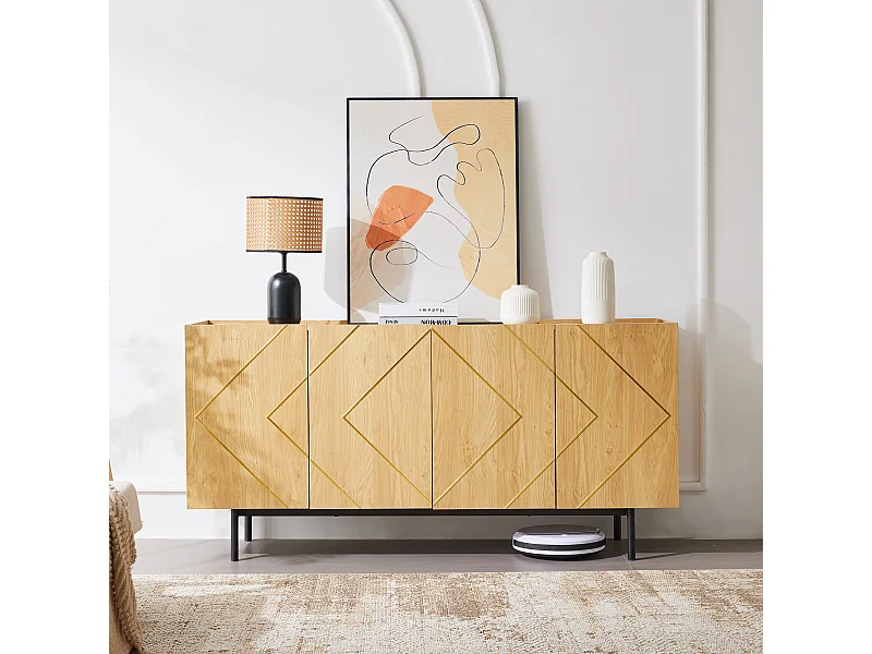 Buffet avec 4 portes - bois naturel - panneaux de particules - H 78 cm / L 160 cm / P 40 cm